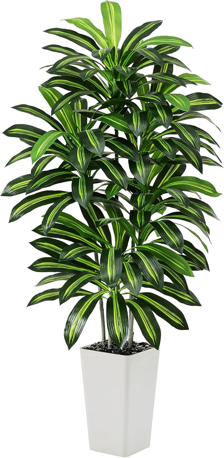 Artificial Dracaena Tree – 6FT Tall Fake Plants with White Tall Planter – Artificial Plants Indoor Floor Plant in Pot – Large Tropical Fake Yucca Potted Tree for Home Office Living Room Decor