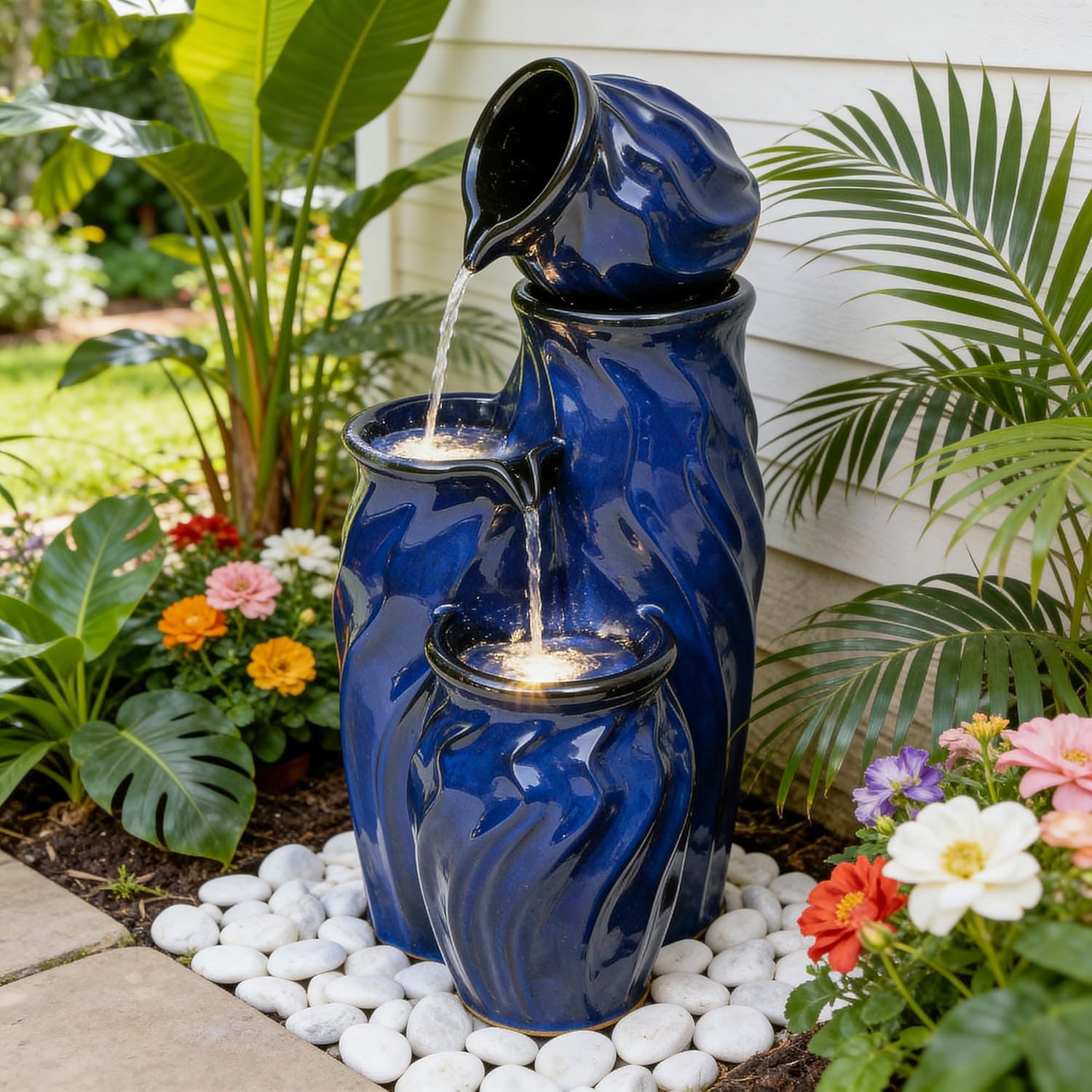 29″ Ceramic Water Fountain Outdoor, 4-Tier Dynamic Wavy Outdoor Fountain with Artistic Cobalt Blue Glaze, Decorative Water Feature, Cascading Waterfalls for Serene Garden Patio Yard Porch Decor