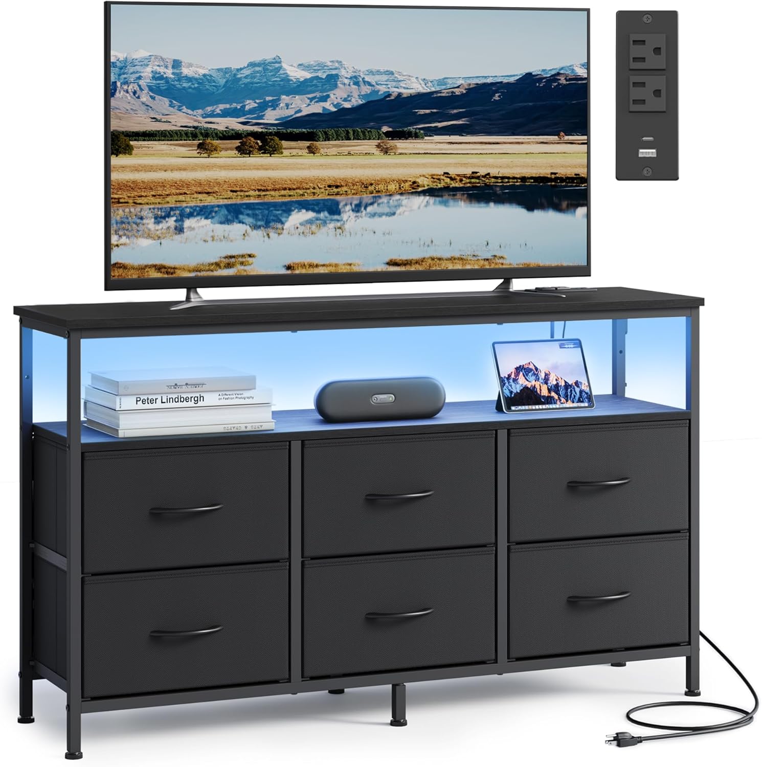 SONGMICS BELLAH Collection – Dresser for Bedroom, Chest of Drawers, TV Stand for TVs Up to 55 Inches, Living Room, Closet, 6 Drawers and 1 Shelf, Modern, Ink Black ULGS833BH02S