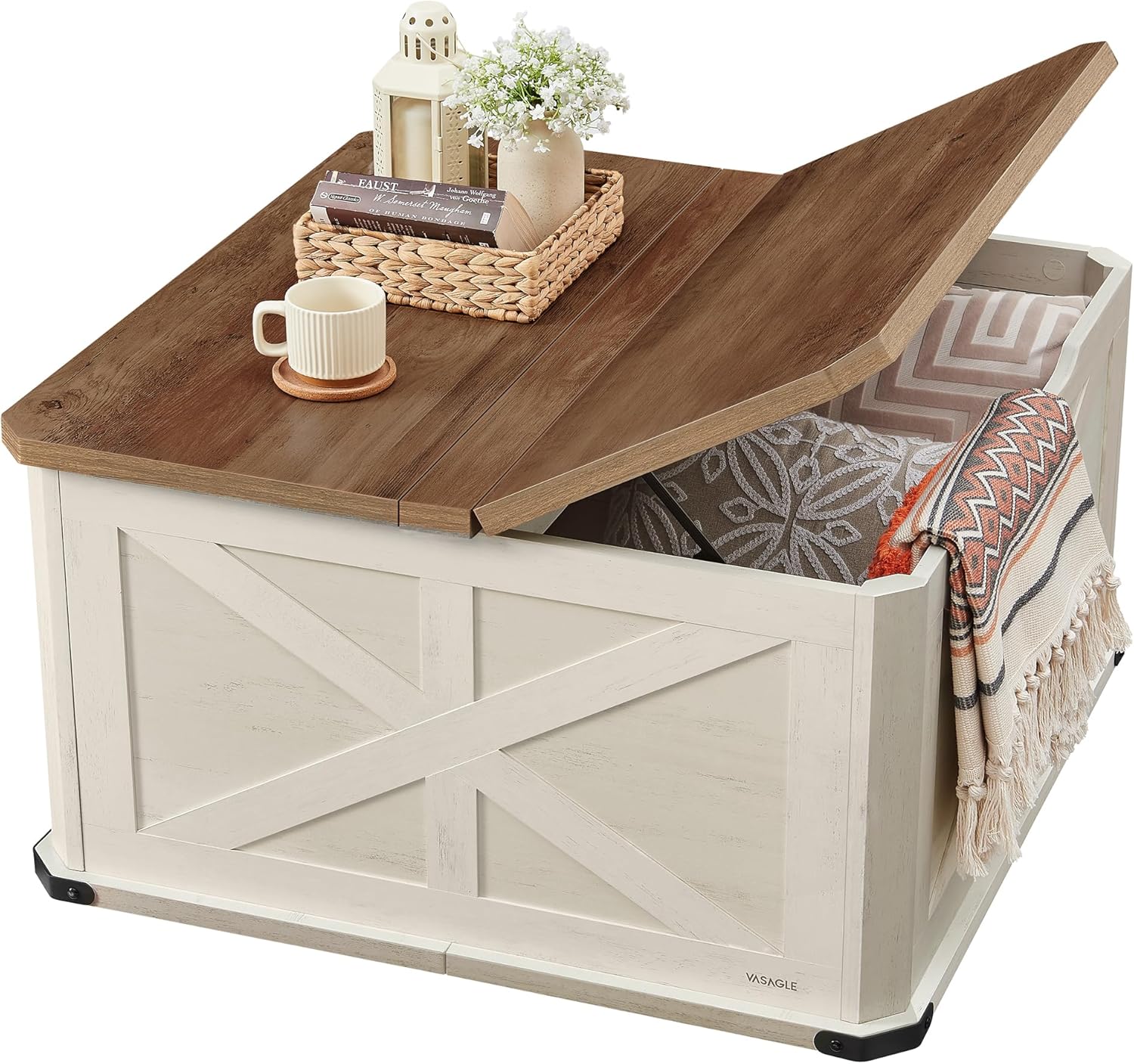 VASAGLE LIRY Collection – Farmhouse Coffee Table with Storage, Square Center Coffee Table for Living Room, with Hidden Compartment, Flip-Top Lids, Honey Brown and Rustic White ULCT232W73