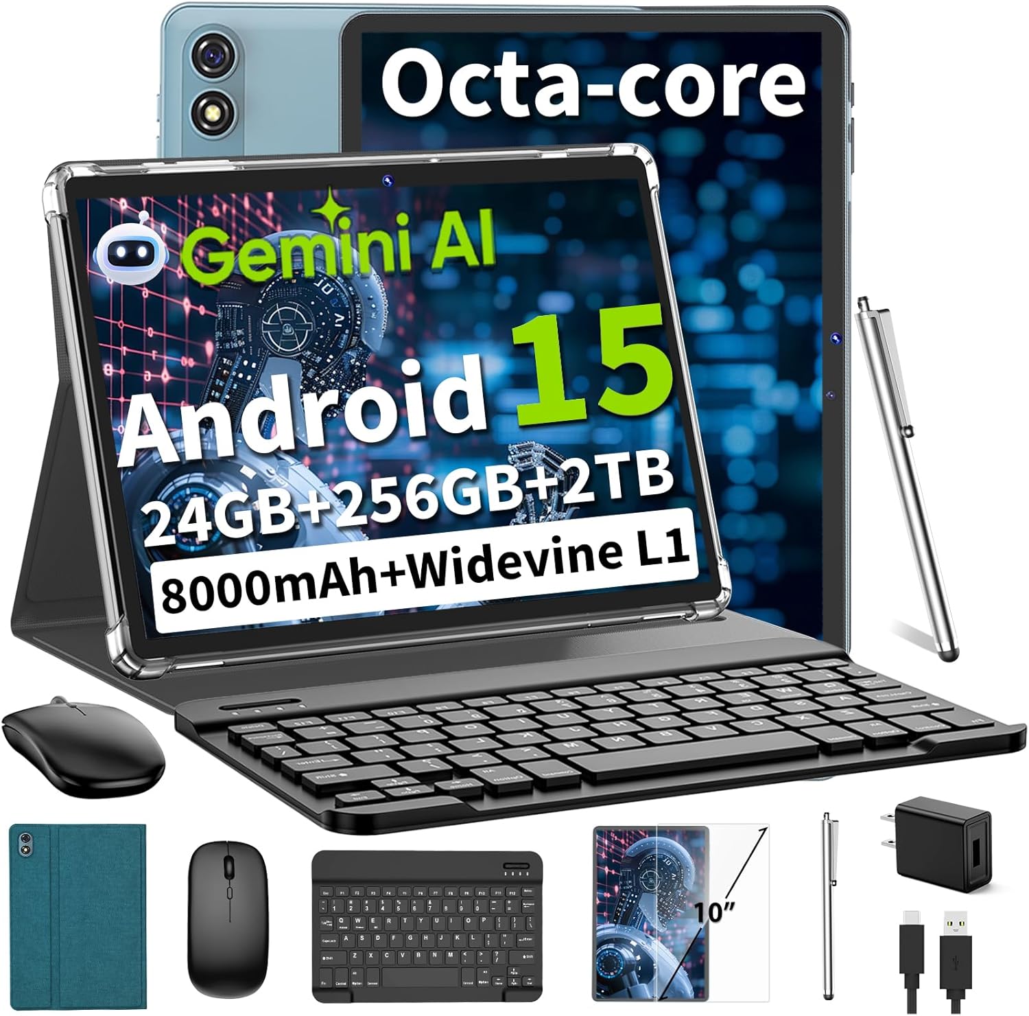 Android 15 Tablet 10 Inch, 2026 Tablet with Keyboard, 24GB+256GB+2TB Expand, Tablets PC with Gemini AI, Octa-Core, 8000mAh, 5G WiFi, Widevine L1, GMS, 2 in 1 Tablets with Case, Mouse, Stylus (Green)