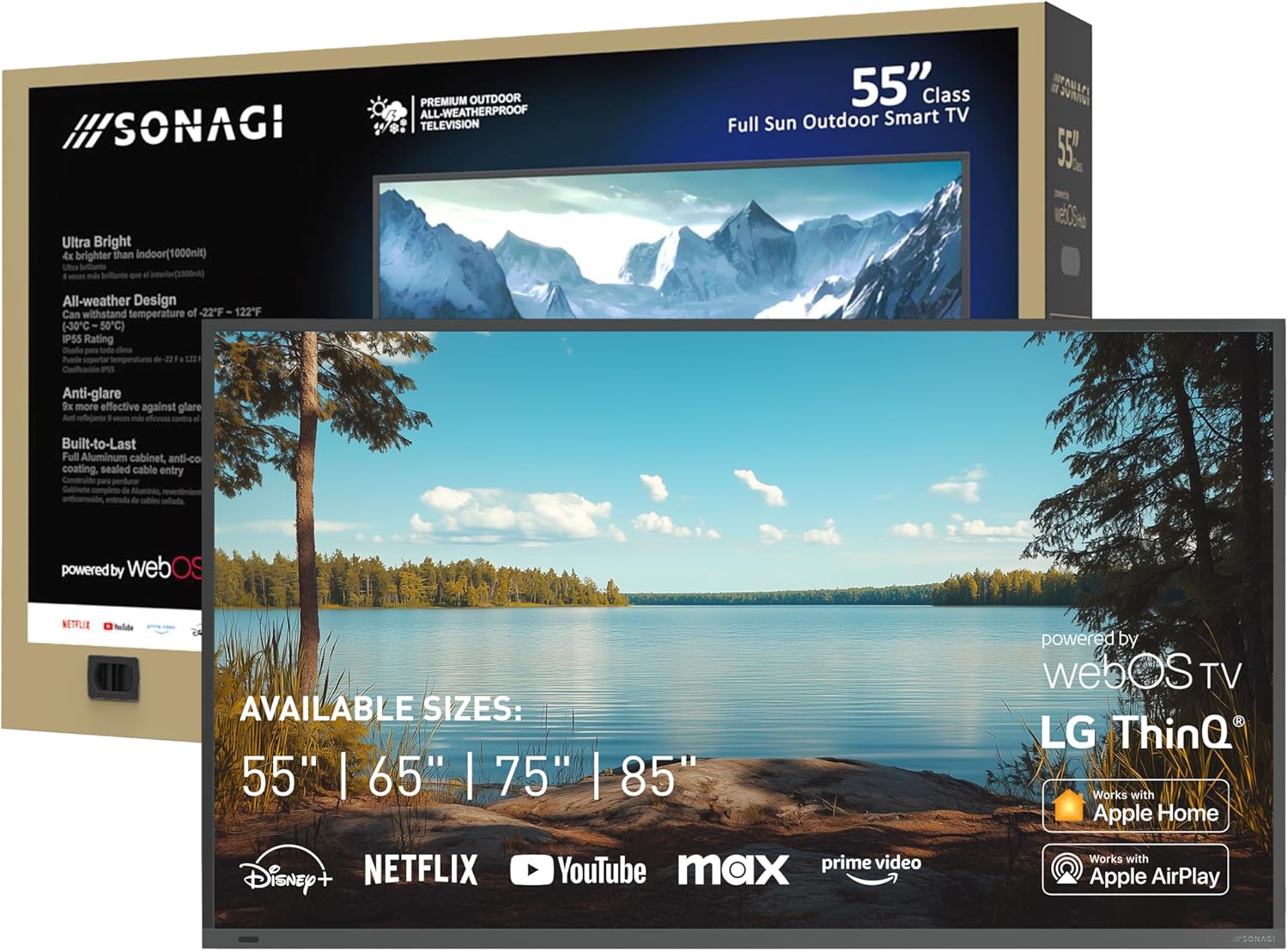 SONAGI Helios 55” Outdoor TV – Anti-Glare, IP65 Water, Dust Resistant Television with 1000-Nit Brightness for Direct Sun All Weather Viewing – Weatherproof 4K UHD Smart TV for Patio and Outside