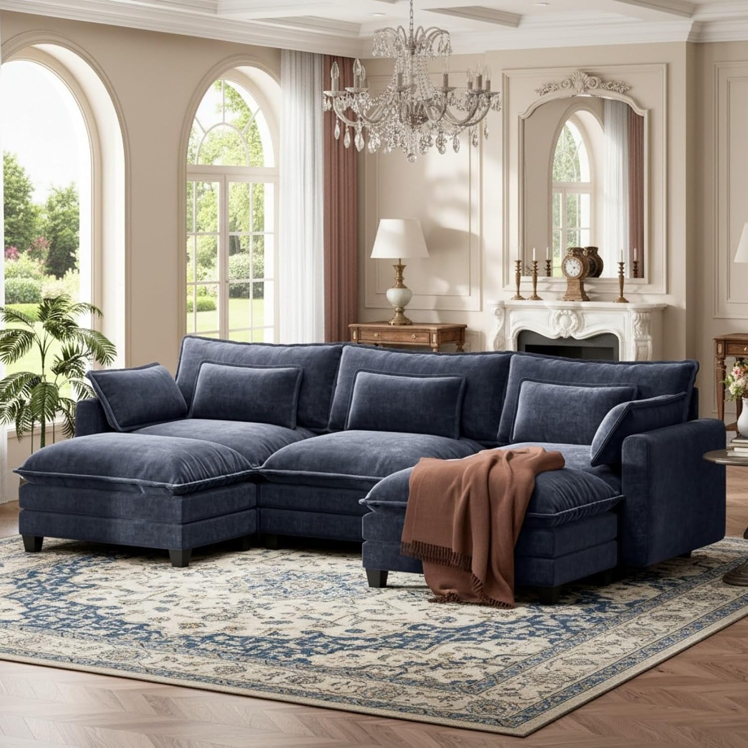 Marsail Modular Sectional Sofa 110.6″ U-Shaped Modern Comfy Cloud Couch, 5-Seat Chenille Deep Seat Sofa with Throw Pillow & Movable Ottoman for Living Room, Bedroom and Apartment, Navy Blue