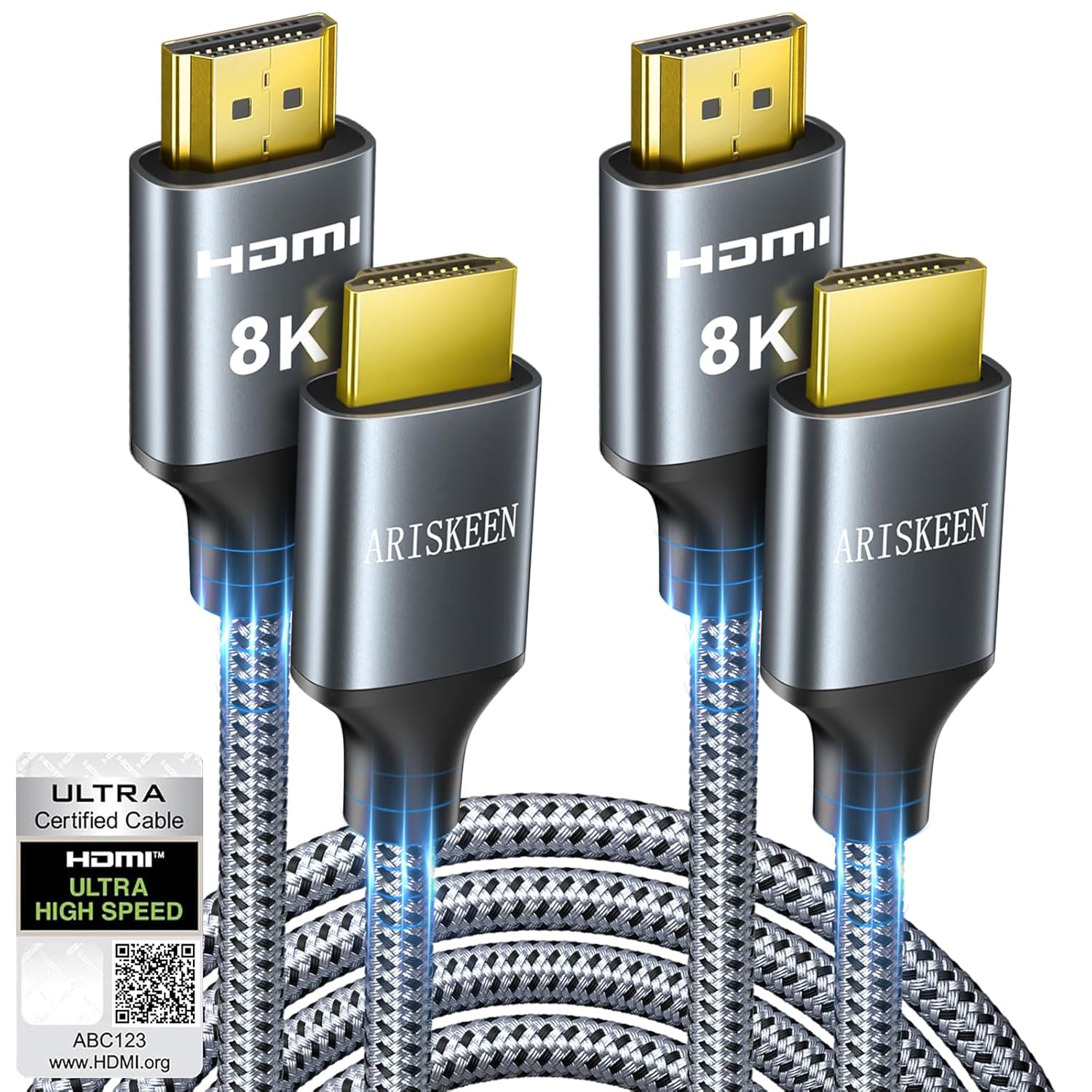 ARISKEEN 8K HDMI Cable 6FT 2-Pack, 48Gbps High Speed HDMI 2.1 Cable, 8K 60Hz, 4K 120Hz 144Hz Support for HDR 10, HDCP 2.2 2.3, eARC, DTS:X, Braided HDMI Cord Compatible with Laptop/HDTV – 6 Feet