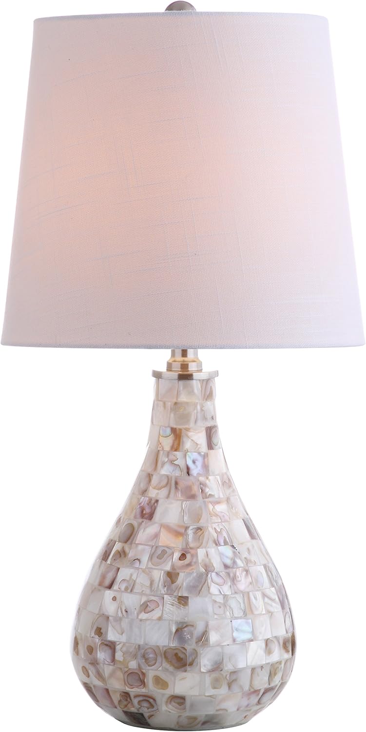 JONATHAN Y 20.5″ Seashell Coastal Mini LED Table Lamp for Living Room Office, White Linen Drum Shade, Modern Mother of Pearl Bedside Nightstand Lamp, LED Bulb Included JYL1024A