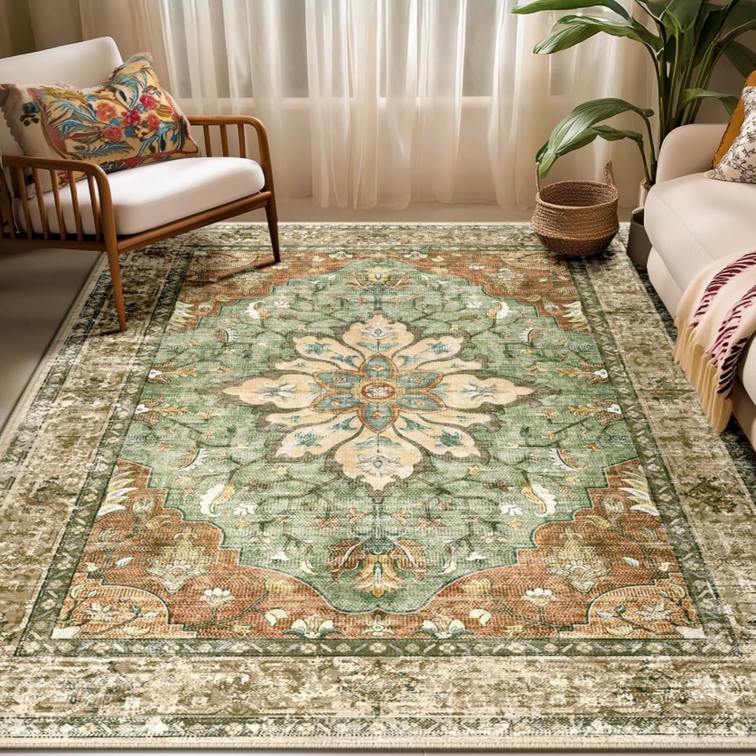 RELEANY Area Rugs 5’x7′ Washable Non-Slip, Floral Vintage Distress Print Pattern Medallion Carpet for Living Room Bedroom Dining Room, Brick Red Rust Neutral Brown Burnt Orange Green