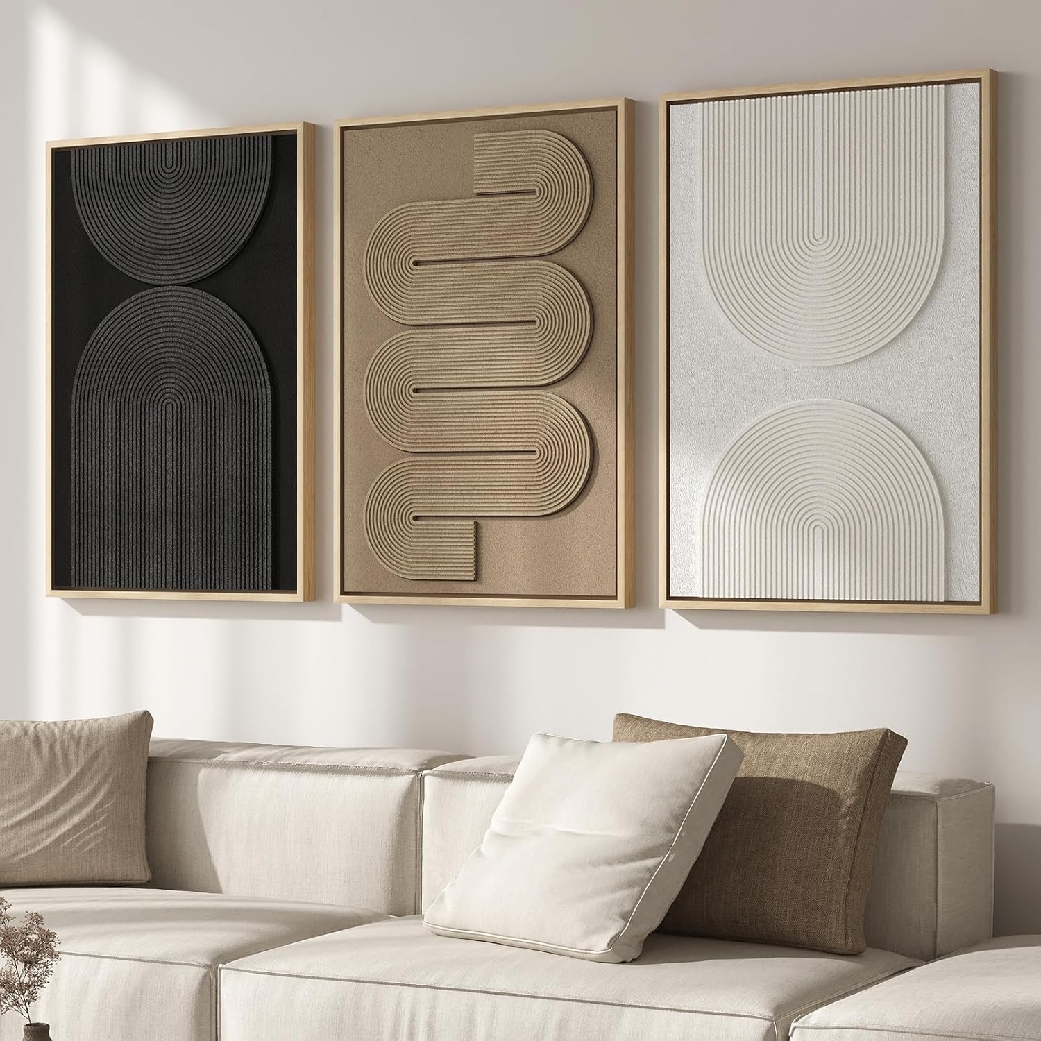 Large 3D Textured Framed Boho Neutral Abstract Wall Art for Living Room, 3 Piece Modern Paintings Artwork for Walls, Black White Brown Minimalist Geometric Pictures for Hallway Office Wall Decor 24×36 In