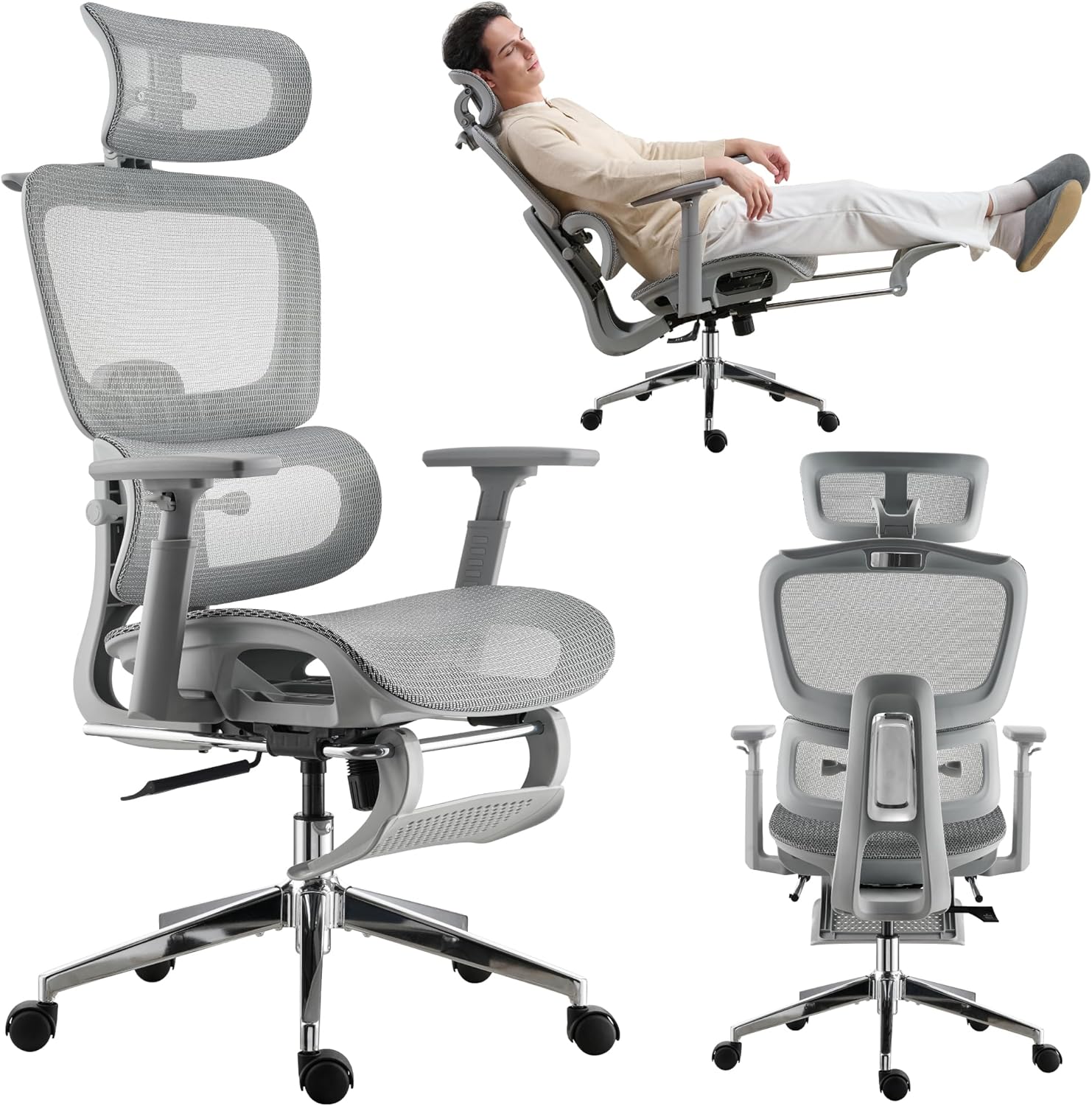 Mesh Ergonomic Office Chair with Footrest,High Back Mesh Gaming Chair with Lumbar Support,Adjustable Headrest and Armrests for Home Office Desk Chair (Modern, Grey)