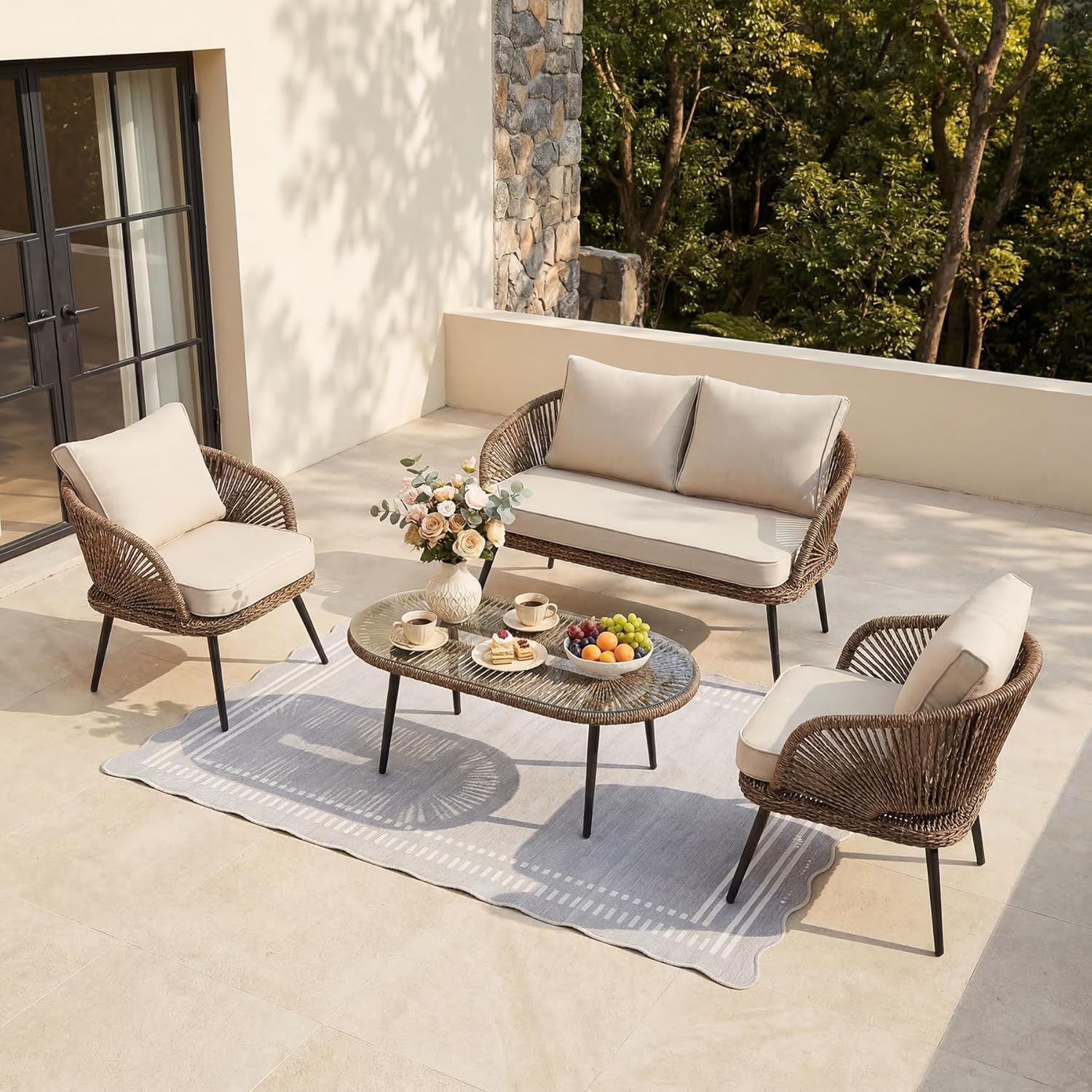 Tribesigns 4-Piece Outdoor Patio Furniture Set with Removable Waterproof Cushions, All-Weather Rattan Wicker Conversation Furniture Set with Glass Coffee Table for Garden, Pool, Porch, Balcony (Brown)