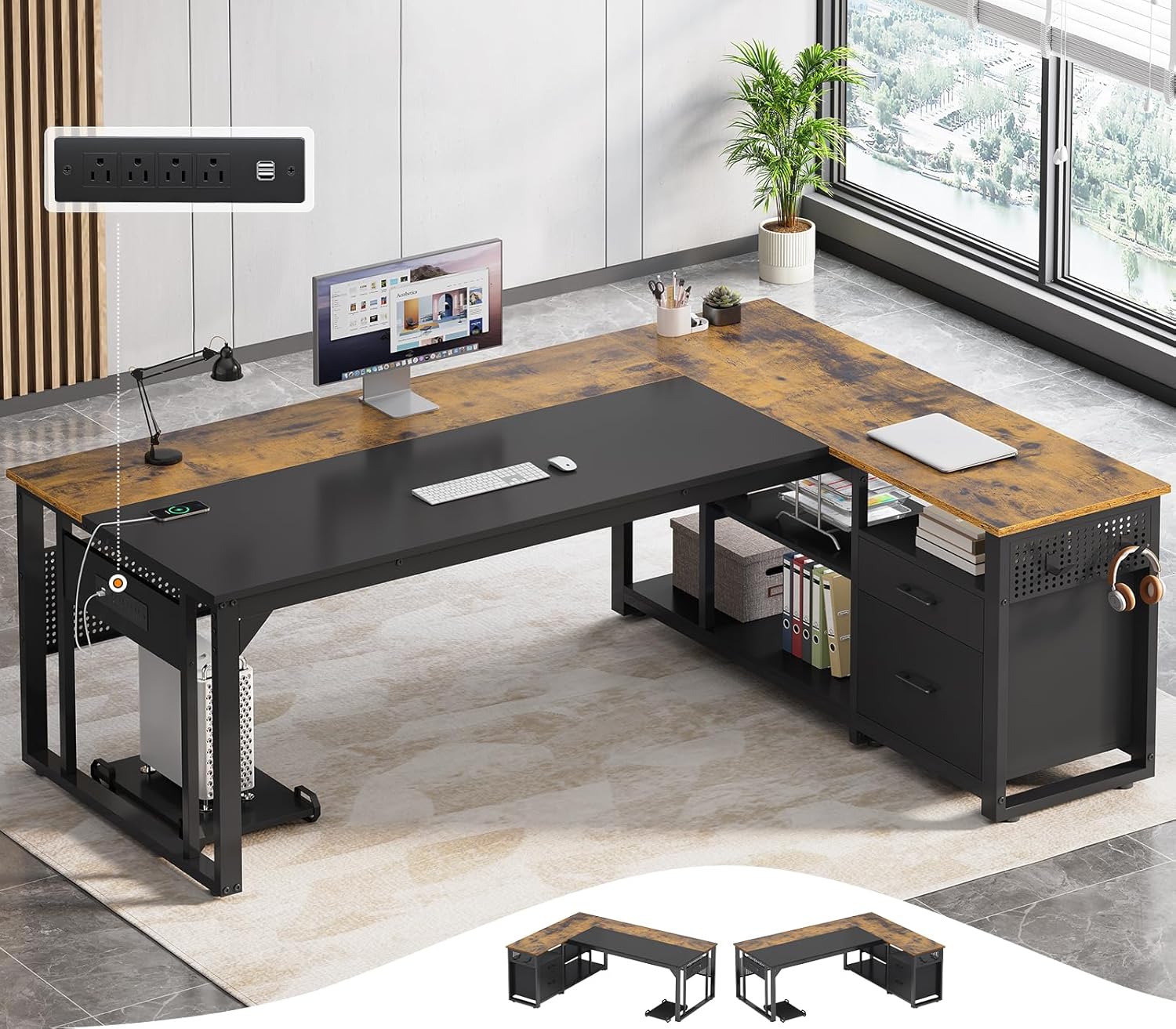 UPOSOJA 71 in Executive Desk with Power Outlets, Reversible L Shaped Desk with File Drawers & Storage Shelves, Large Office Desk Computer Desk with Pegboard, Mobile CPU Stand, Modern Corner Desk
