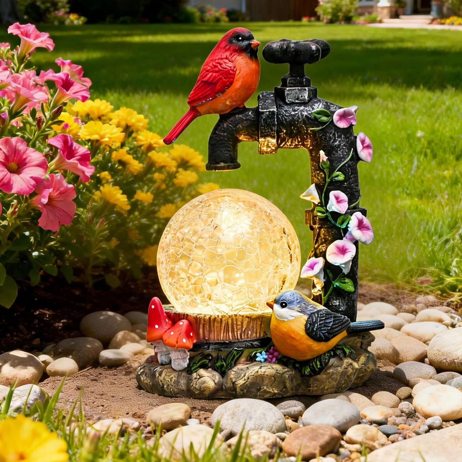 TERESA’S COLLECTIONS Garden Decor, Cardinal Garden Decor, Cute Cardinal and Faucet and Solar Light Glass Ball, Waterproof Resin Garden Statues, Birds Decor Gifts, Birthday Gifts for Women Mom, 6″