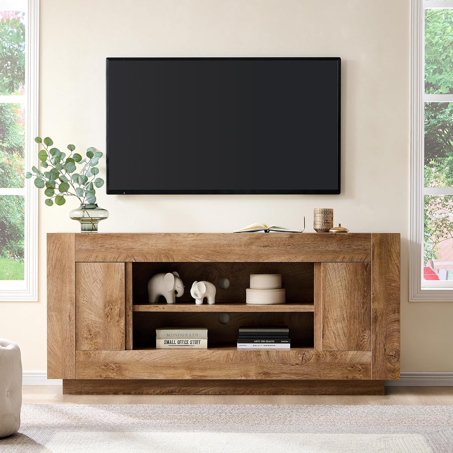 OKD Modern 70″ TV Stand, Entertainment Center for TVs Up to 80″, Media Console with Large Open Storage & Side Cabinets, Thick Wood Design for Living Room, Light Knotty Oak
