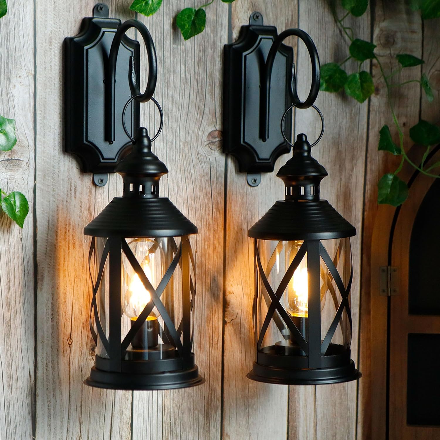 TRIROCKS Set of 2 Battery Powered Metal Lamp 10” Tall Decorative Cordless Table Lamps LED Edison Lights Hanging Lamps with Metal Hook for Home Decor Patio Garden Wedding Parties Indoor Outdoor(Black)