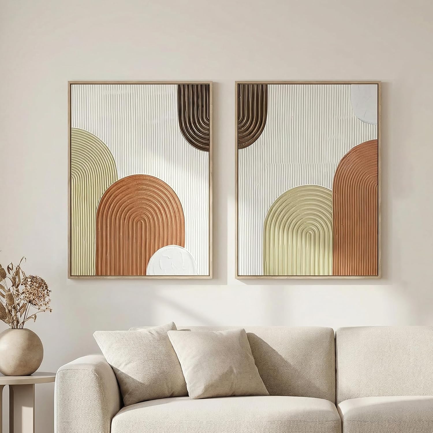 Artiluxy Set of 2 Framed 3D Textured Wall Art, Hand-Painted Raised Line Geometric Design, Neutral Beige and Brown, 18×24 Inch Each, Modern Decor for Living Room, Bedroom, Entryway