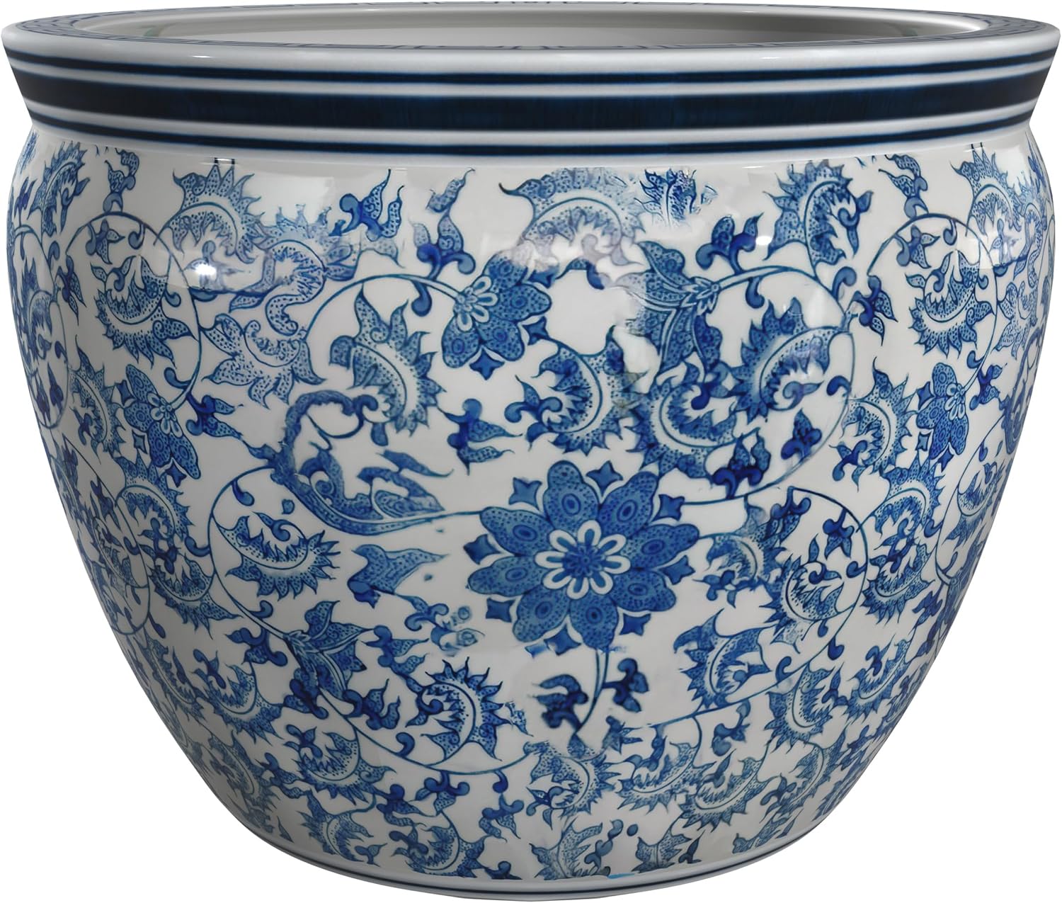 Red Lantern Large 18″ Porcelain Fishbowl Blue & White Floral Planter or Cachepot for Indoor/Outdoor Use in Garden Entryway Living Room Boho Eclectic Modern Contemporary Classic Traditional Style Decor