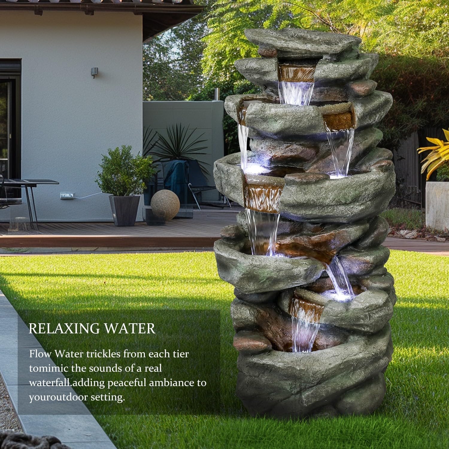 SunJet 40.5” High Rocks Outdoor Water Fountain – 6-Tiers Cascading Waterfall with LED Lights, Soothing Tranquility for Home Garden, Yard Decor