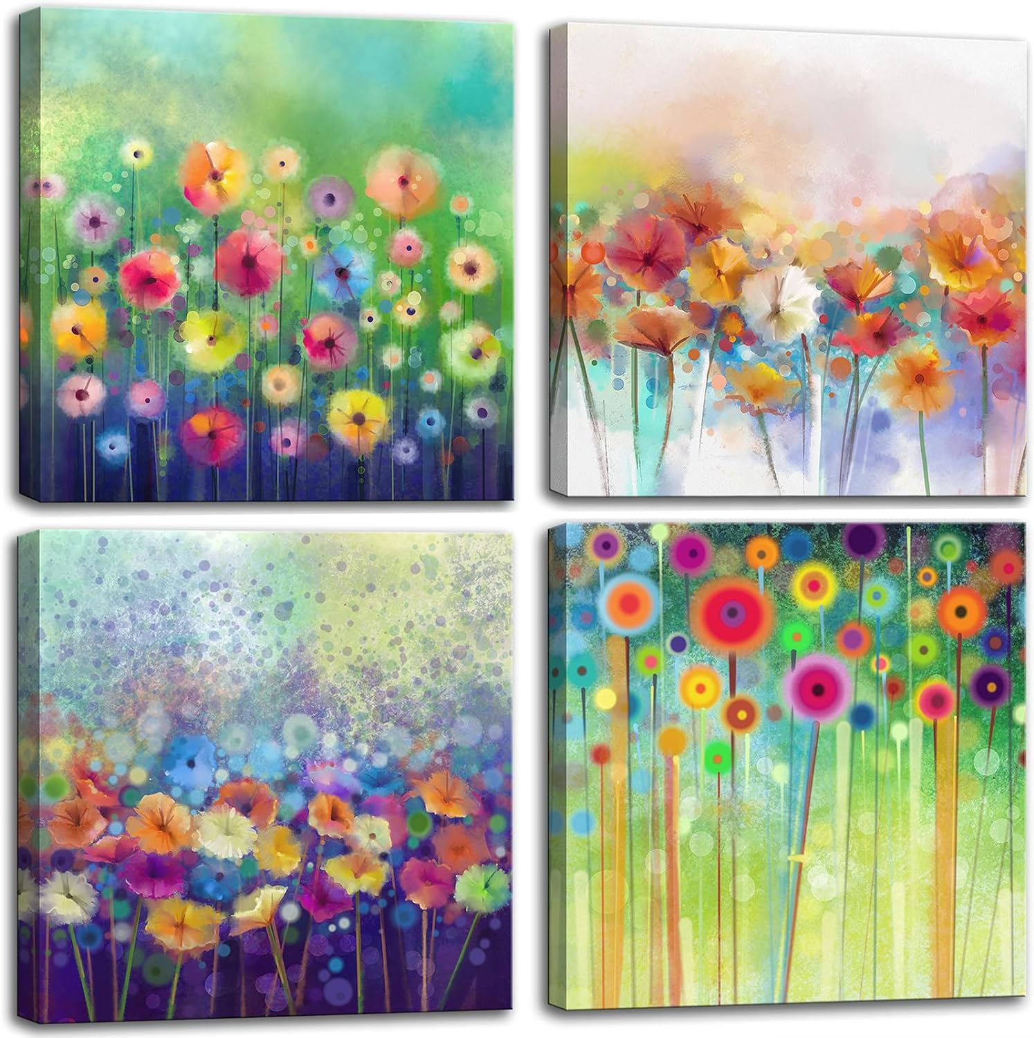 Flowers Bathroom Decor Canvas Wall Art, Colorful Floral Artwork Painting Prints Modern Pictures Framed for Bedroom Office Living Room Decorations – 12″x12″x4 panel
