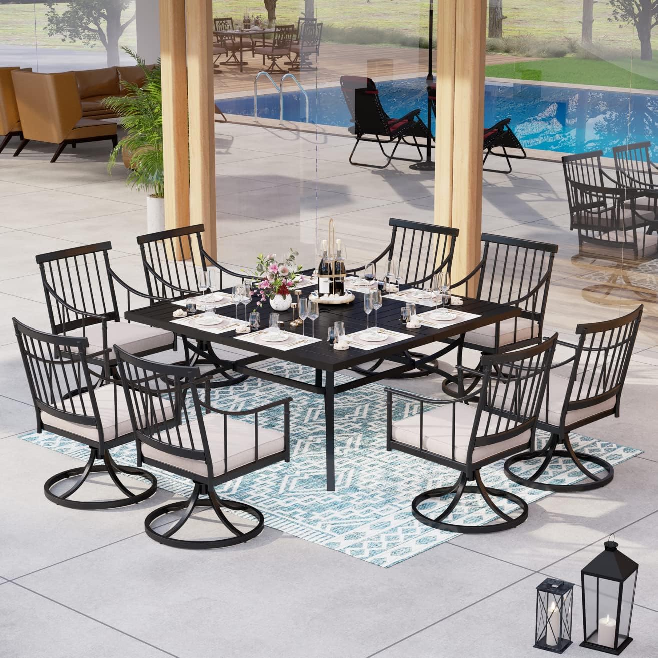 MFSTUDIO 9 PCS Outdoor Patio Dining Set, 8 Metal Swivel Chairs with Removable Cushions and 1 Square Dining Table with 1.57″ -1.9″ Adjustable Umbrella Hole Furniture Sets for Lawn Backyard Garden