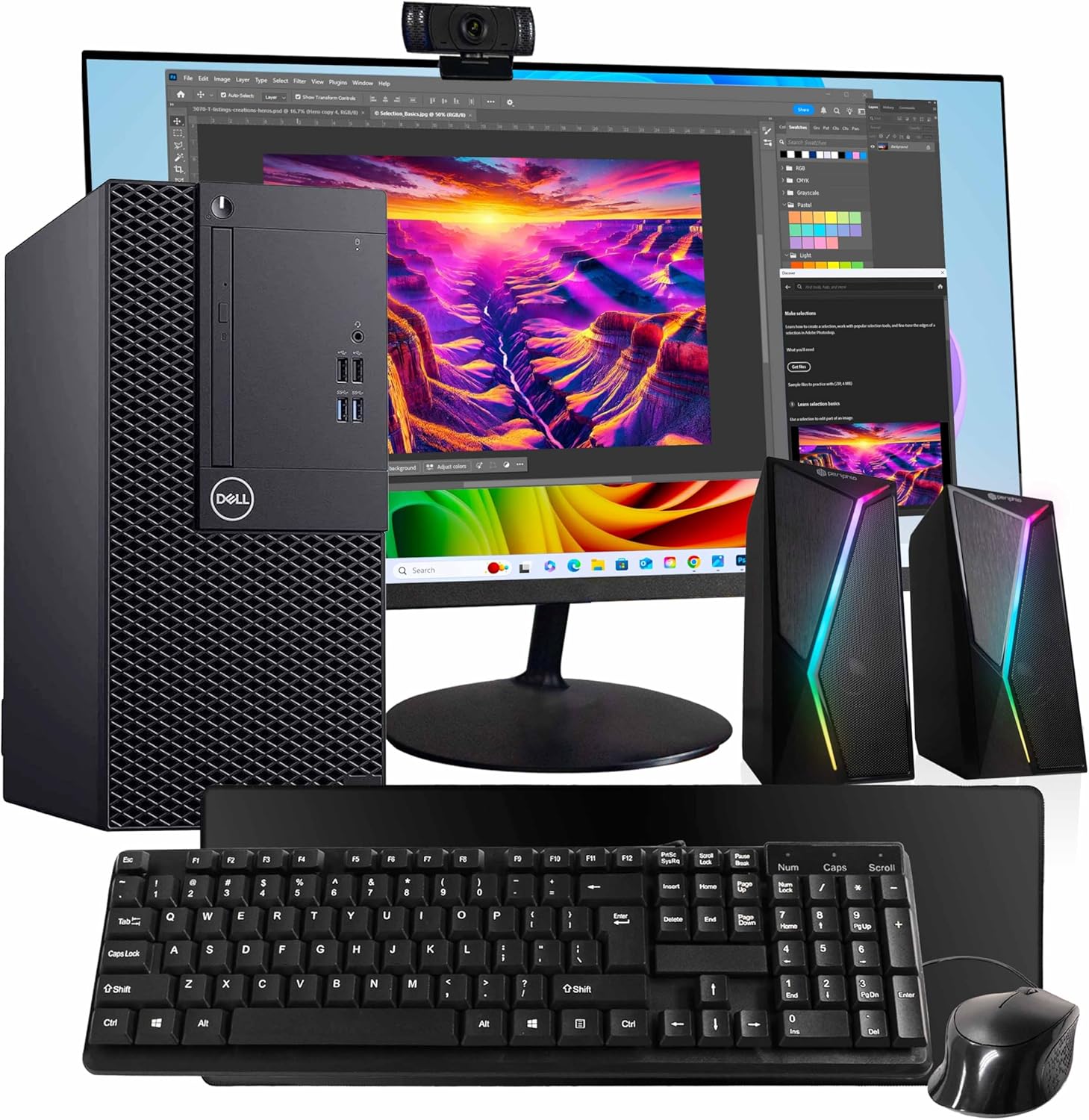 Dell OptiPlex 3070 Tower Intel i5 9th Gen HC Processor, 16GB DDR4 RAM, 1TB SSD, Quadro P620 2GB GPU, RGB Speakers, Webcam, Deskpad, Wired Keyboard & Mouse, Windows 11 Pro, 24″ New Monitor (Renewed)