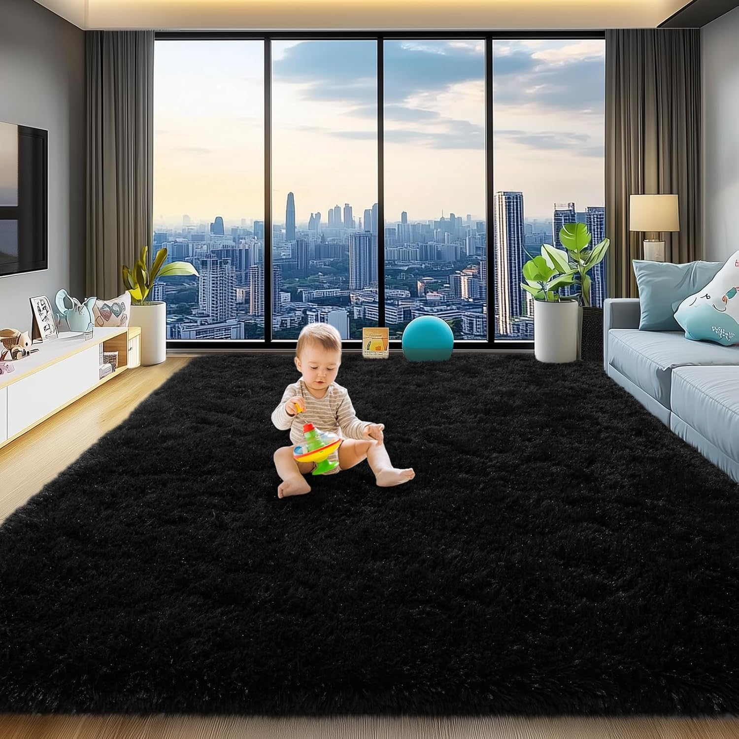 qulint 8×10 Rug for Living Room, Soft Fluffy Black Rug for Bedroom Shag Shaggy Large Carpet for Living Room, Plush Fuzzy Modern Alfombras for Boys and Girls Nursery Home Decor (8ft x 10ft, Black)