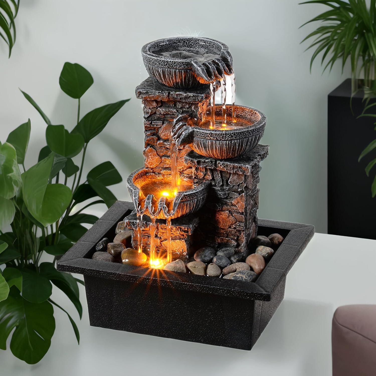 Kalona Tabletop Fountain 3 Bowls with LED Light Soothing Water Flowing Sound Fountain Zen/Meditation Home/Office Decor Home Décor Relaxation Indoor (23113)