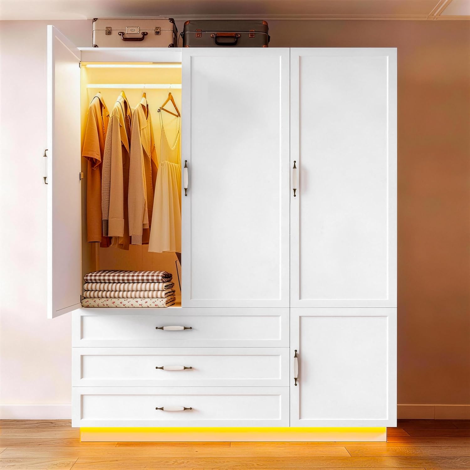 AXCITOC 72″ Tall Armoire Wardrobe Closet with 3 Door Wooden Bedroom Armoire with LED Light 3 Drawers Large Modern Wardrobe Cabinet with Retro Ceramic Door Handles and Removable Hanging Rod White