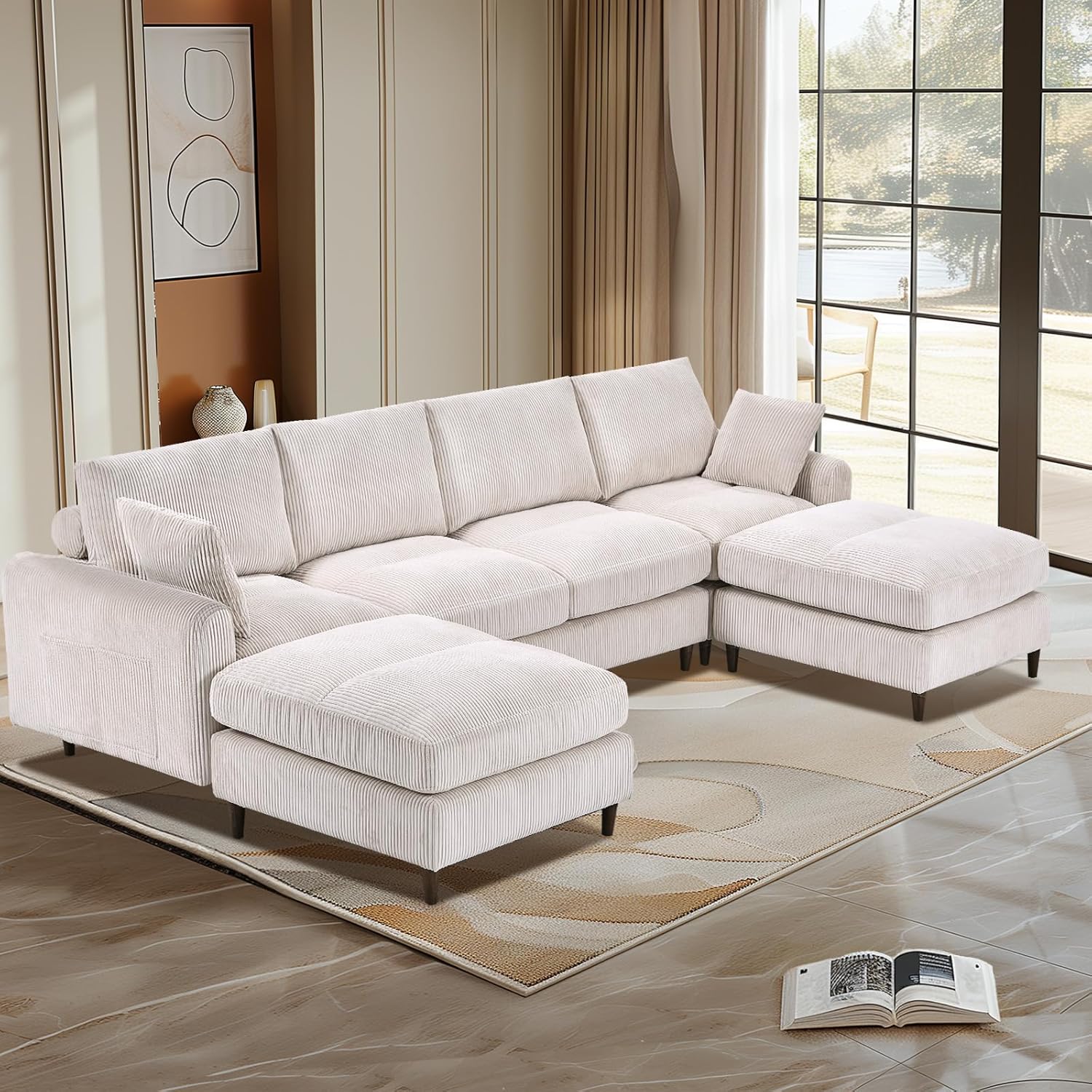 121″ Oversized Modular Sectional Sofa, Convertible U/L Shaped Cloud Couch Set, 6-Seater Comfy Corduroy Corner Couches with 2 Movable Ottomans, DIY Combination for Living Room