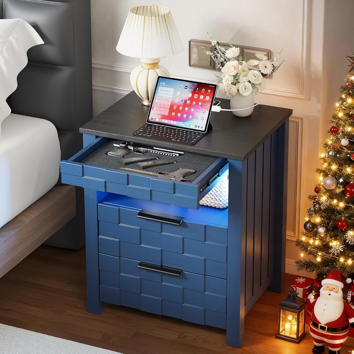 Dystler Nightstand with Gun Drawer – Bedside Table with Charging Station and 2 Drawers, Smart Side Table with 3-Color Human Sensor LED Lights for Bedroom, Blue