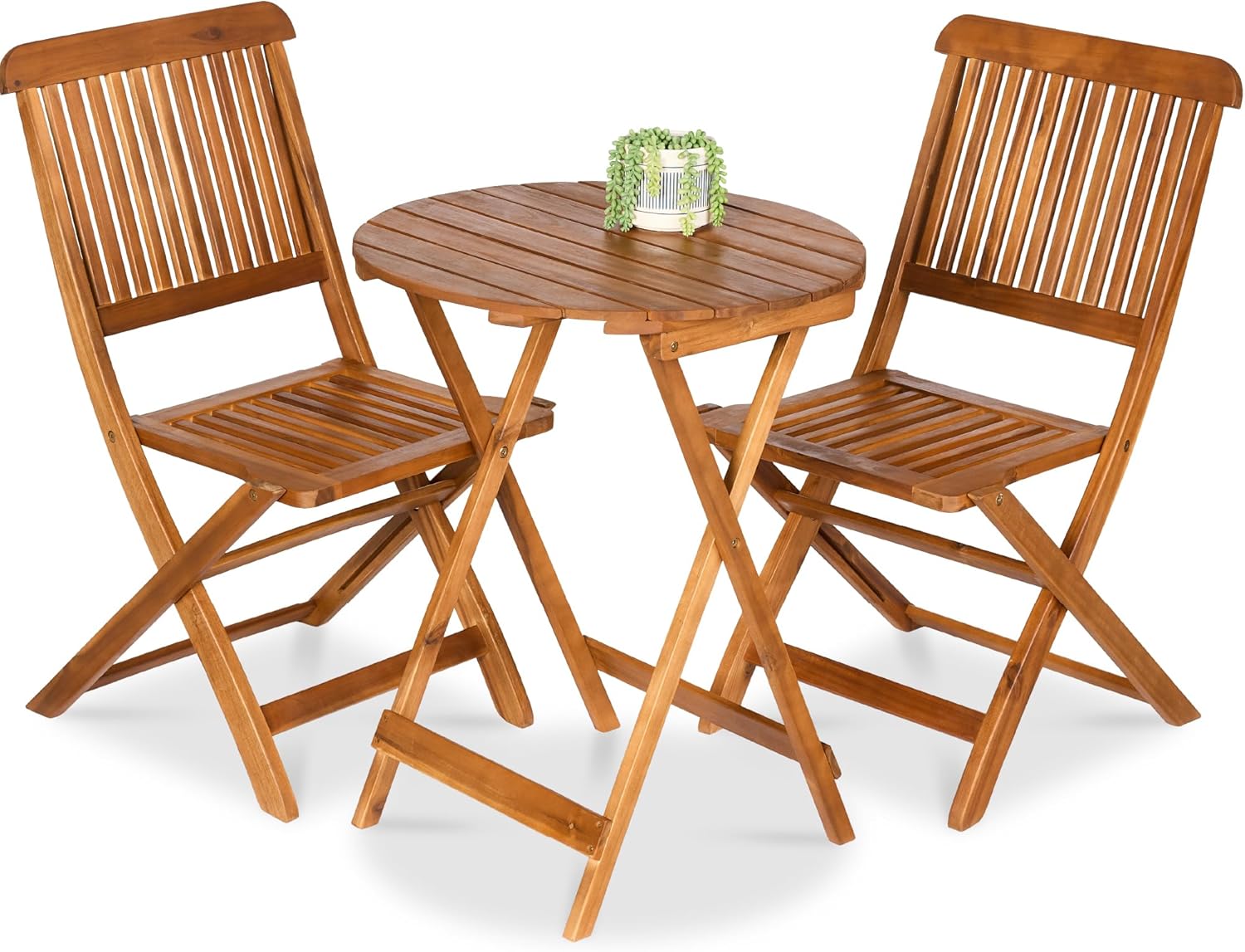 Best Choice Products 3-Piece Acacia Wood Bistro Set, Folding Patio Furniture for Backyard, Balcony, Deck w/ 2 Chairs, Round Coffee Table, Teak Finish – Natural