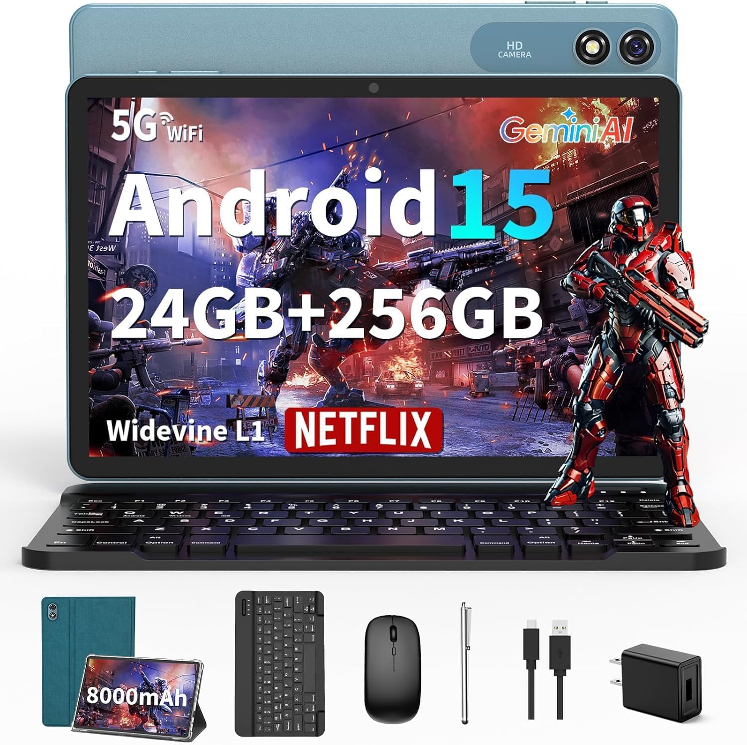 2026 Android tablet 10 inch, Android 15 Tablet with Keyboard, 24GB+256GB+2TB Expand, 2 in 1 Tablets with Gemini AI, 8-Core, 8000mAh, Widevine L1, GMS, Tablets PC with Case, Mouse, Stylus (Green Case)