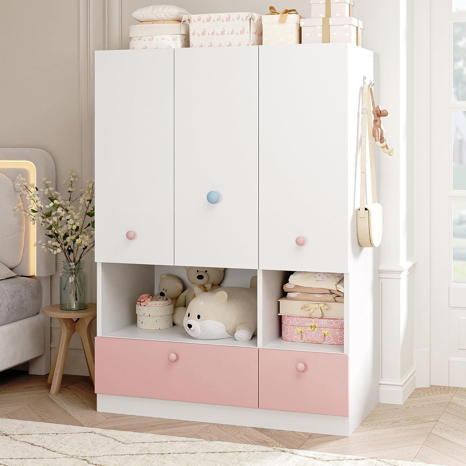 White Armoire Wardrobe Closet with Hanging Rod – Freestanding 3-Door Wooden Wardrobe Cabinet Closet for Bedroom & Dorm, Bedroom Armoires, Features Adjustable Shelves and Drawers for Toys & Clothes
