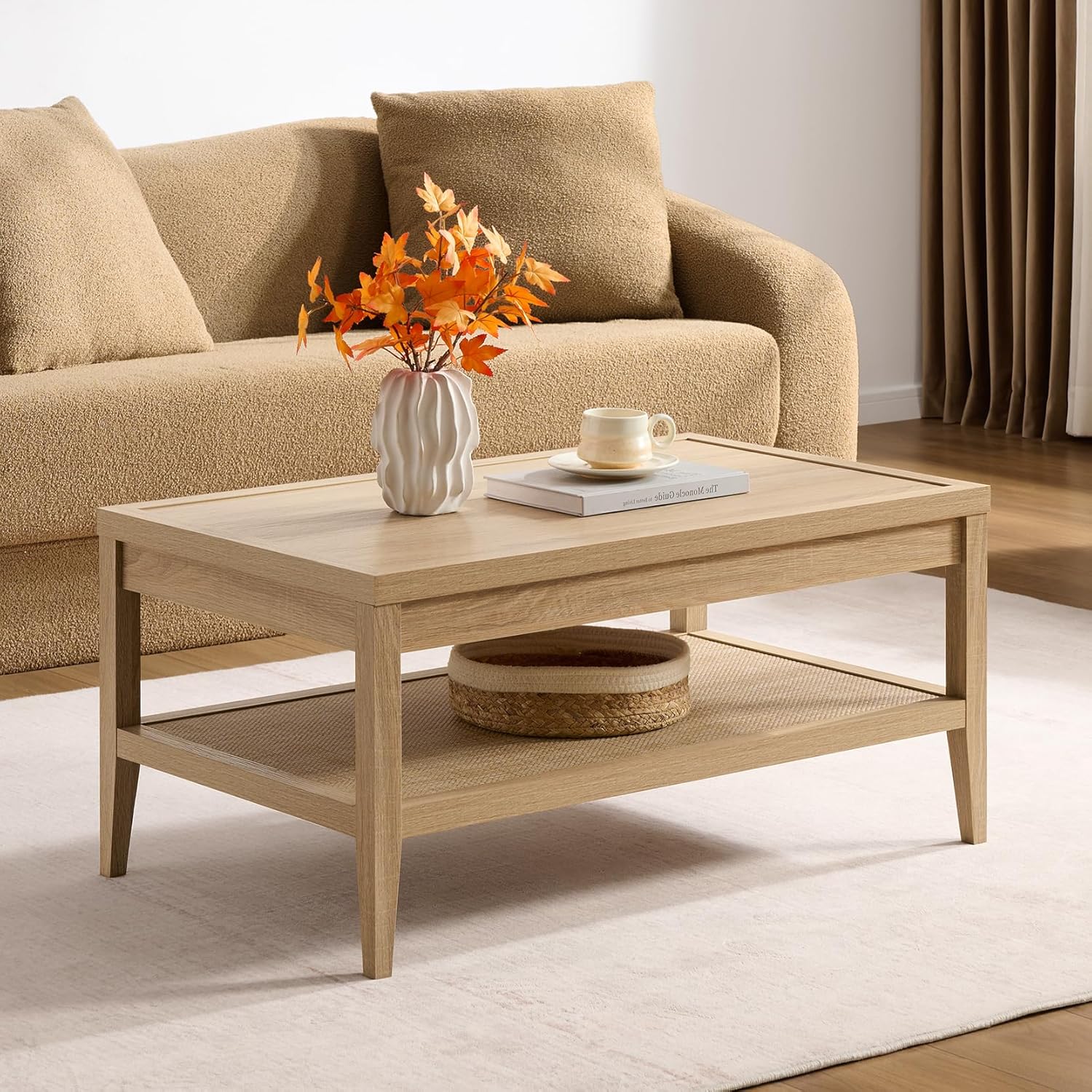 SICOTAS Rattan Coffee Table with Storage, 37.5″ Large Rectangular Coffee Table with 2-Tier Shelves, Farmhouse Boho Center Table for Living Room, Office, Small Space
