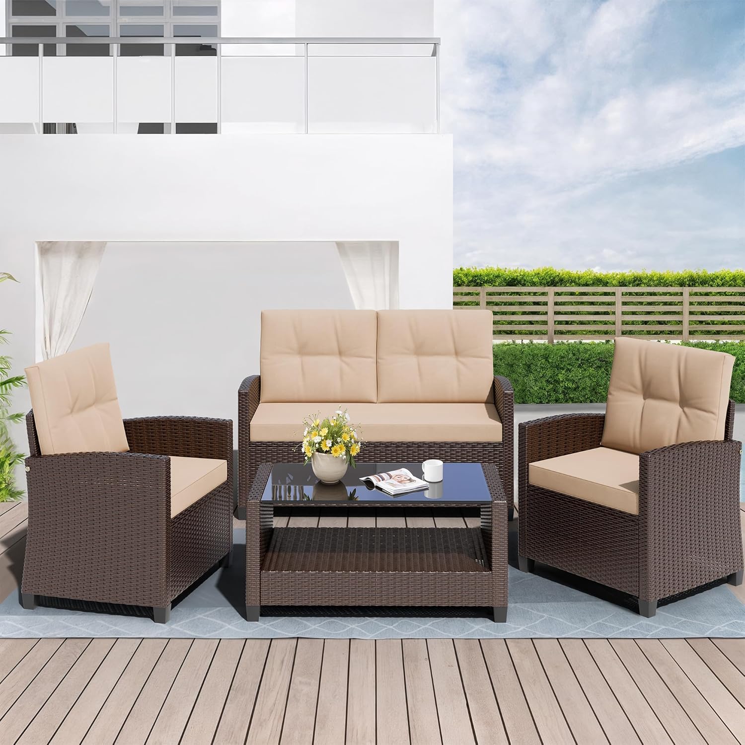 Shintenchi 4 Piece Patio Furniture Set, Outdoor Rattan Conversation Set with Coffee Table, Outside Wicker Sectional Sofa Couch with Cushion, Brown and Khaki