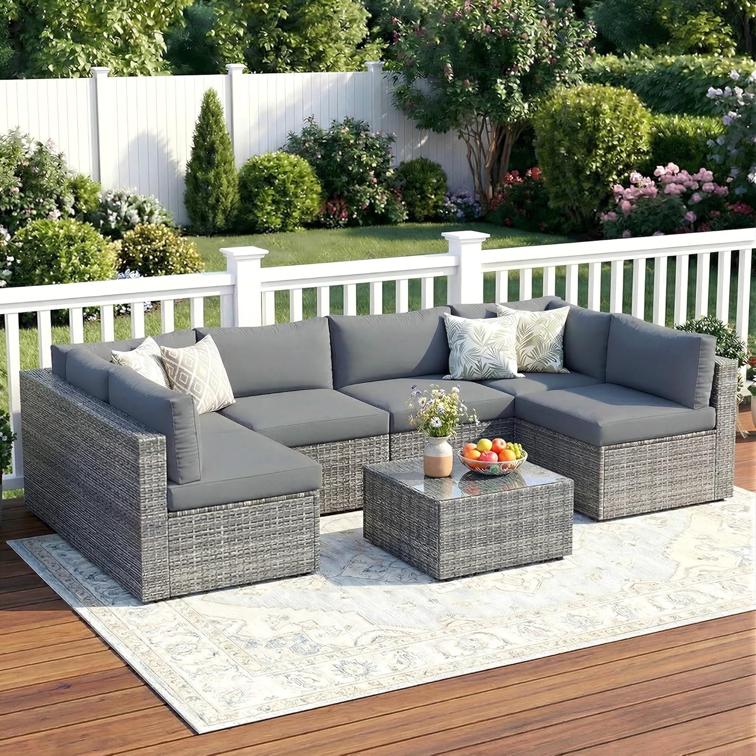 Wisteria Lane 7 Pieces Outdoor Patio Furniture Set, Wicker Outdoor Patio Sectional Sofas with Coffee Table, All-Weather Patio Conversation Set for Garden Backyard, Grey
