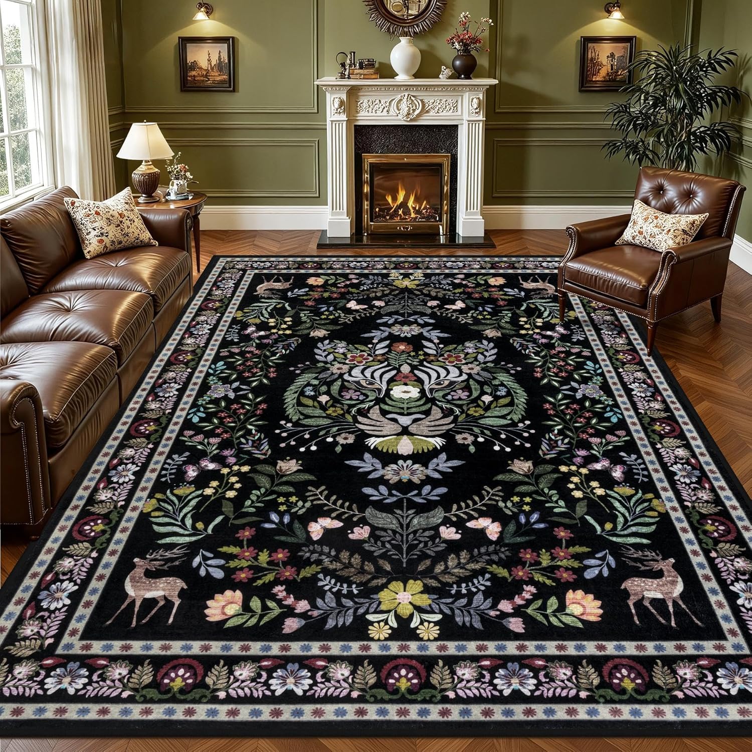 8×10 Area Rugs Living Room Rug: Vintage Washable Rug Floral Soft Carpet Indoor Floor Non-Slip Boho Stain Resistant Large Carpets for Bedroom Kids Nursery Dining Room Farmhouse Home Office Black
