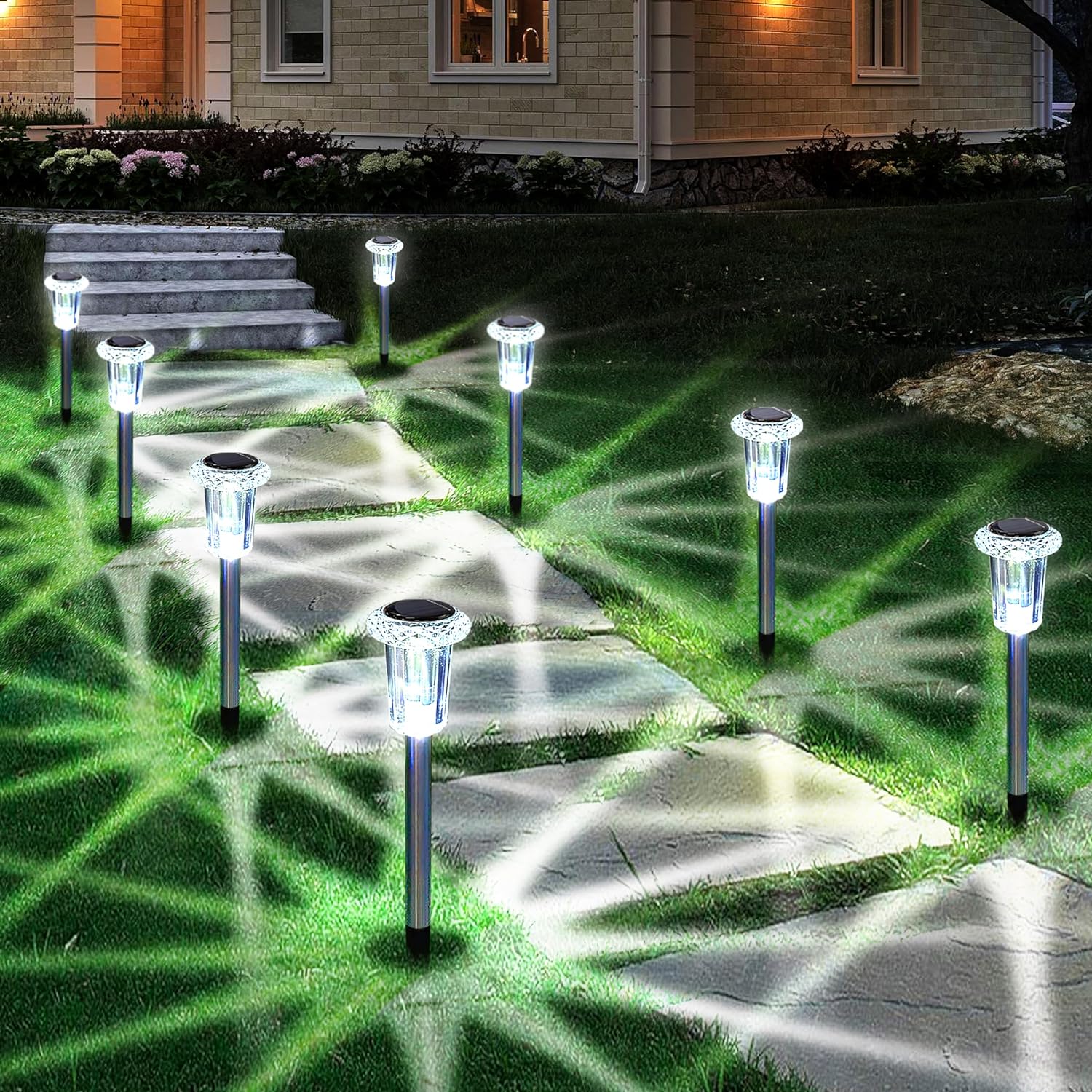 Solar Outdoor Lights, 10 Pack Waterproof Stainless Steel Solar Stake Lights for Pathway Garden Yard Path Walkway Driveway Lawn Patio Outside Decor, Cool White