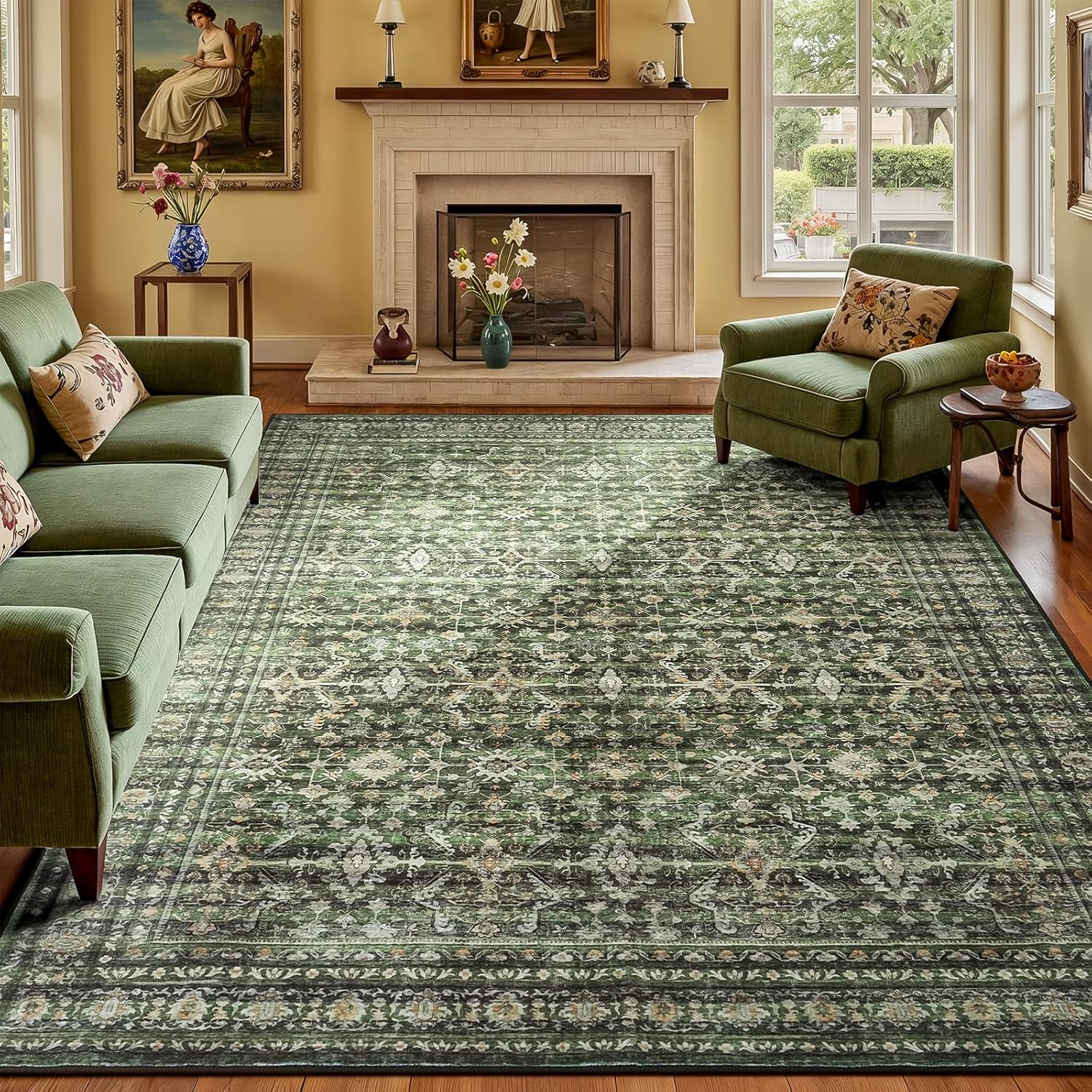 Lofus 8×10 Area Rug for Living Room,Green Washable Large Rugs with Non-Slip Backing,Soft Boho Carpets for Bedroom Dining Room Home Office Indoor Nursery