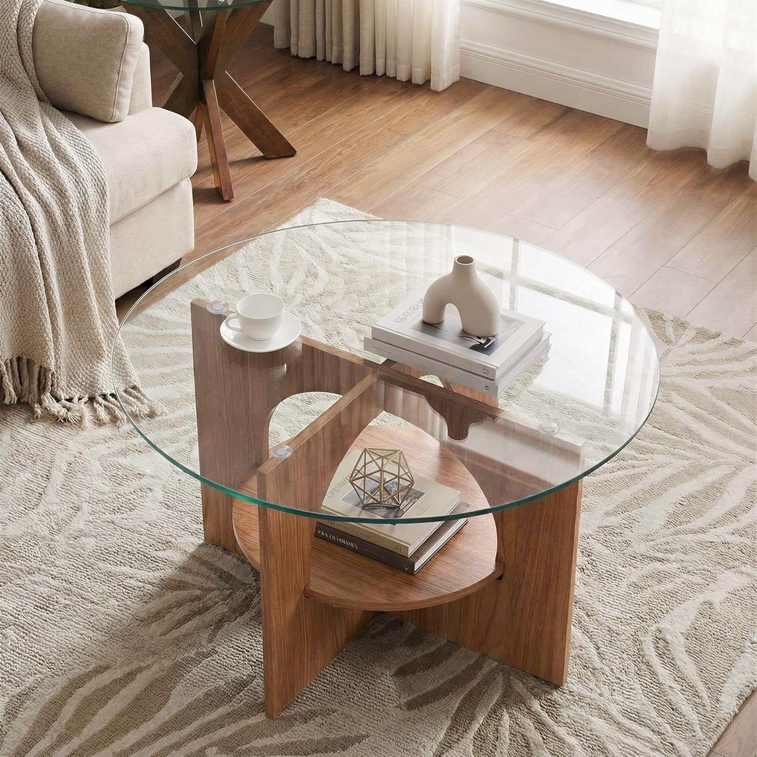 YITAHOME Round Coffee Table, 2-Tier Glass Coffee Tables with Storage, Multi-Purpose Modern Center Table or Cocktail Table for Living Room, Office, Lounge, Walnut
