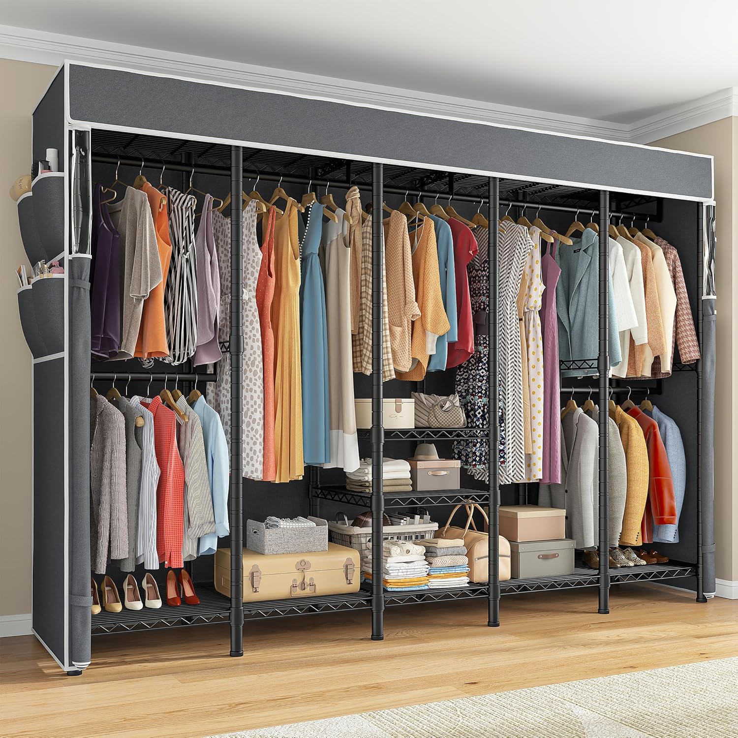Raybee 90.6″ W Extra-Large Clothes Rack with Cover, Freestanding Clothing Racks for Hanging Clothes, Heavy Duty Closet Organizer System, Portable Wardrobe Closet, Adjustable Garment Rack, Black