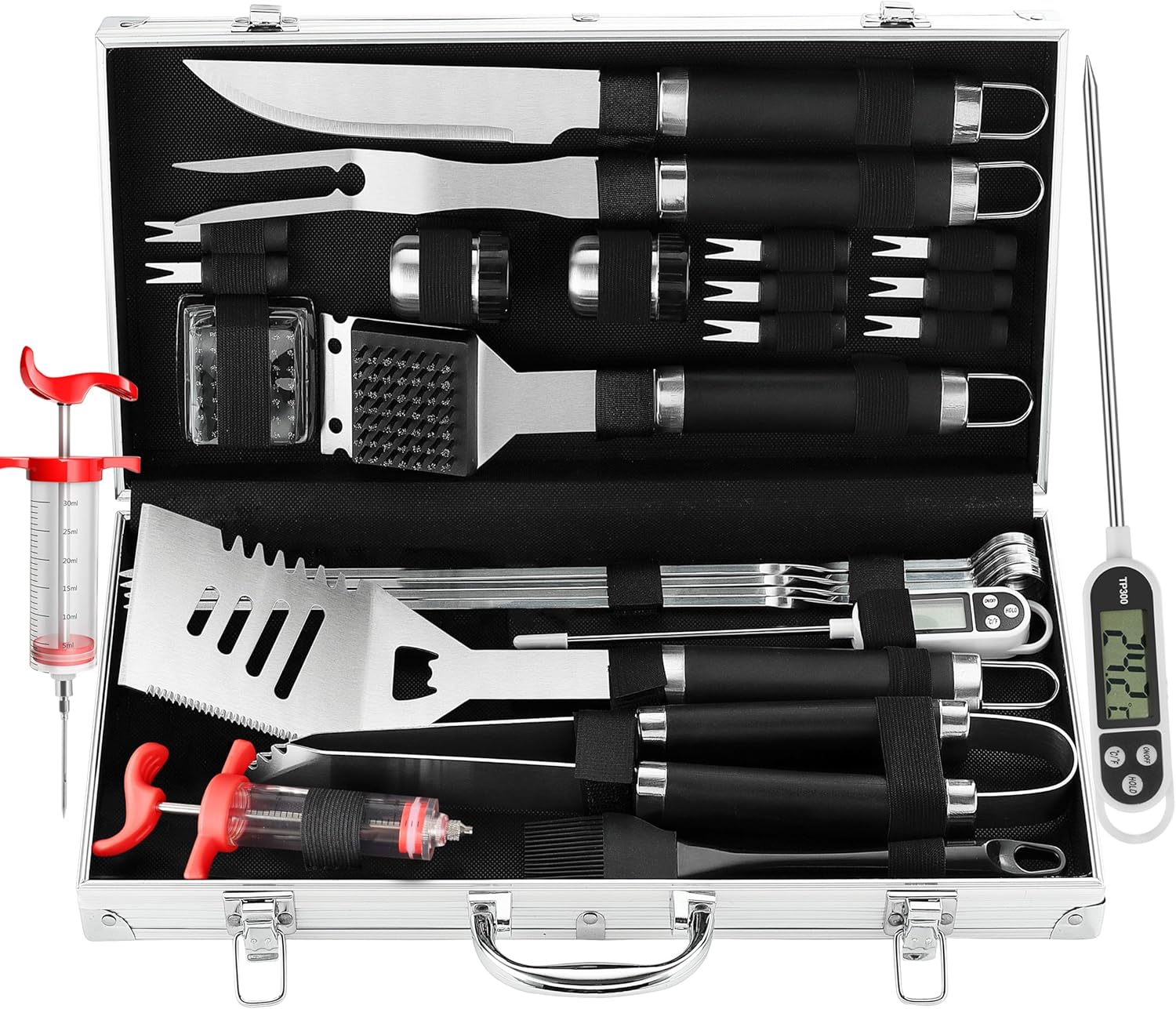 Grilljoy 24PCS BBQ Grill Tools Set with Meat Thermometer and Injector – Extra Thick Stainless Steel Fork, Spatula& Tongs – Complete BBQ Accessories in Aluminum Case – Perfect Grill Gifts for Men