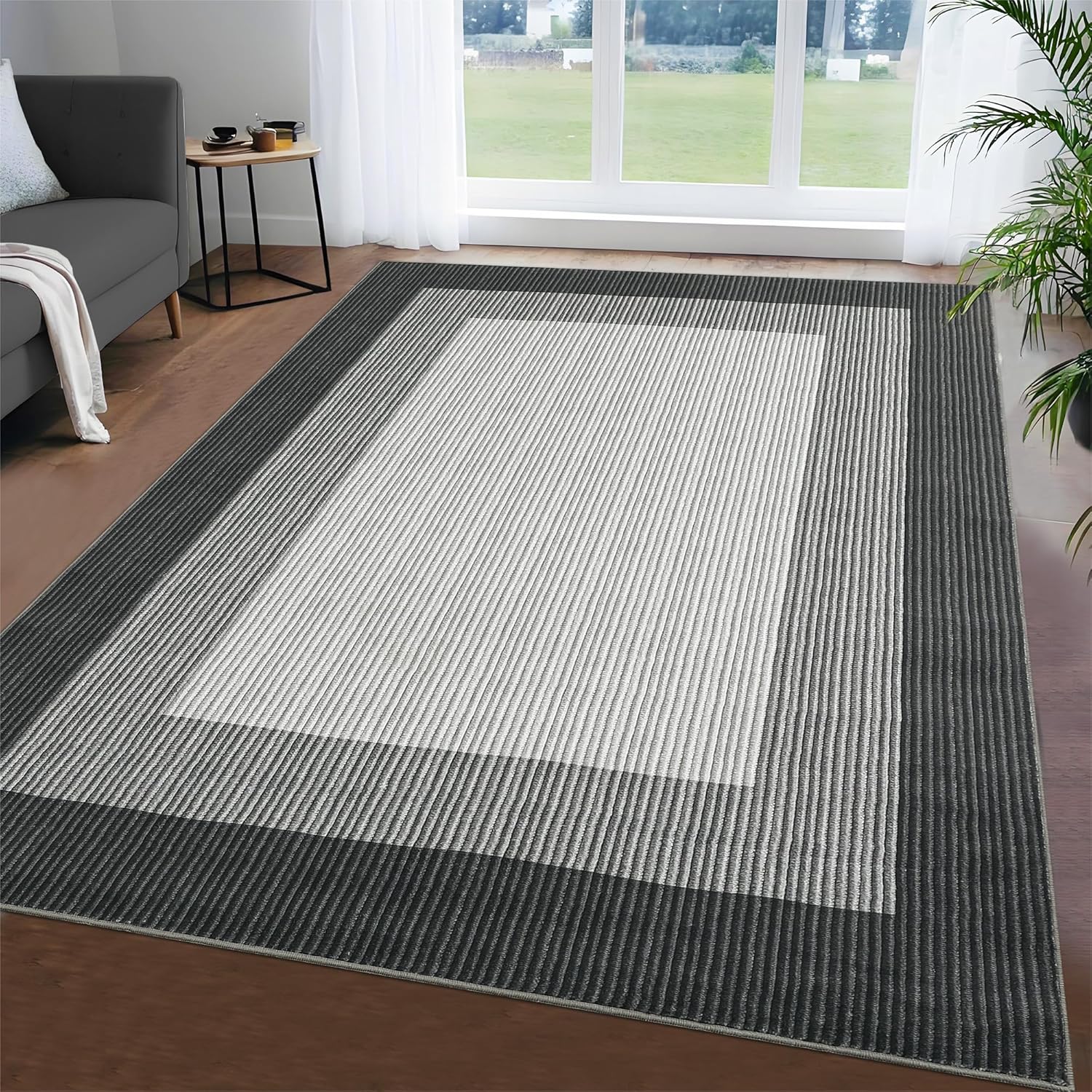 Garvee 9×12 Border Area Rug Modern Contemporary Washable Non Slip Rug Stain Resistant Soft Low Pile Carpet for Living Room Bedroom Dining Room Hallway Office Farmhouse Home Decor, Black Grey