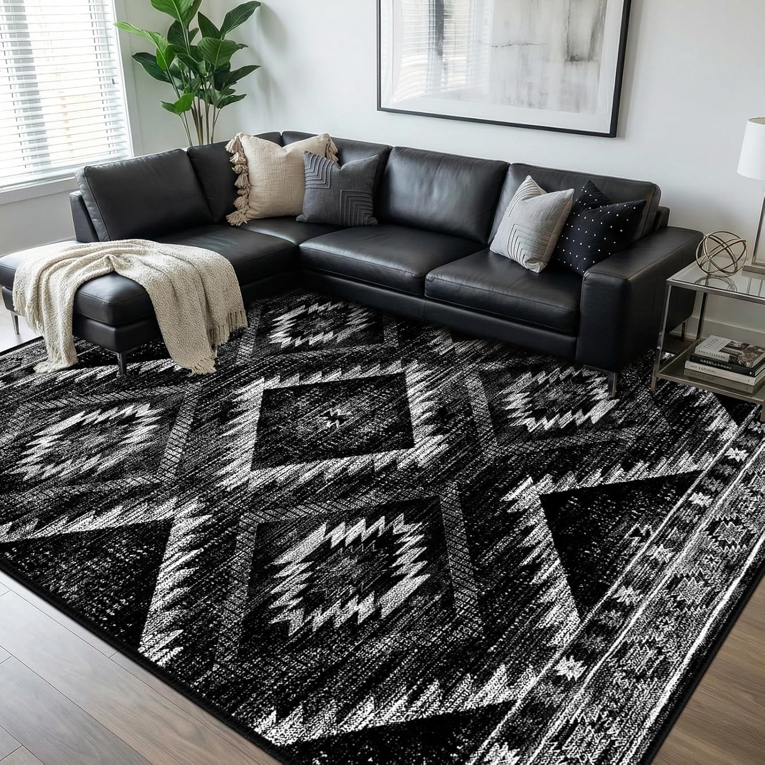 Area Rug 8×10 Rug Machine Washable Non-Slip Low Pile Print Pattern Western Rug for Living Room Bedroom Entryway Tribal Series -Black