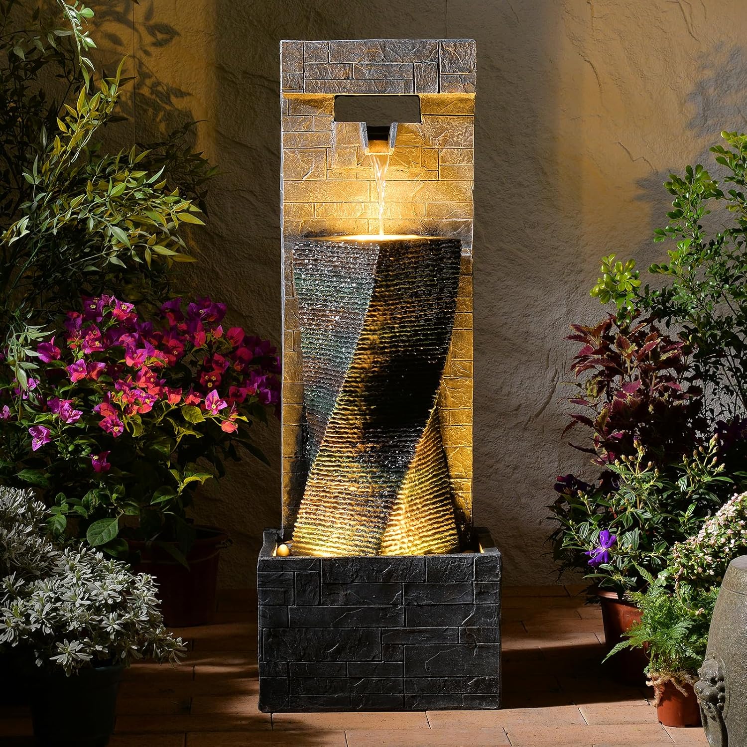 39.8″ H Large Modern Indoor Water Fountains Floor Standing Waterfall Fountain for Indoor or Outdoor with LED Lights and Pump for Deck, Patio, Porch, Garden, Yard Decor