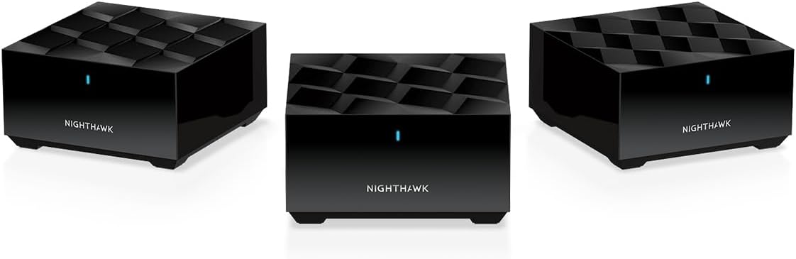 NETGEAR Nighthawk Tri-Band Whole Home Mesh WiFi 6 System (MK73S) – Router + 2 Satellite Extenders – 3Gbps Speed – Coverage up to 4,500 sq. ft., 25 Devices – Includes 1-Year Armor – AX3000 802.11ax