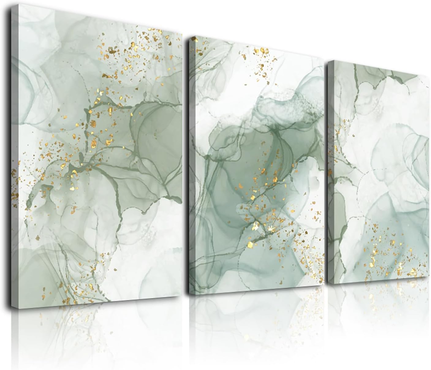 Sage Green Wall Art Set of 3,Abstract Green Wall Decor Living Room,Minimalist Modern Framed Wall Art Marble Line Beige Gold Green Canvas Artwork Paintings,Boho Room Decor,Bedroom Bathroom Office Artwork,12″x16″