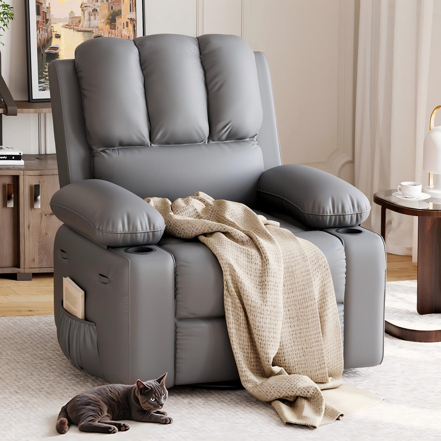 GarveeHome Recliner Chairs, Classic Manual Leather Recliner, Home Theater Seating with Lumbar & Arms Support for Living Room, Bedroom and Nursery (Grey-27)