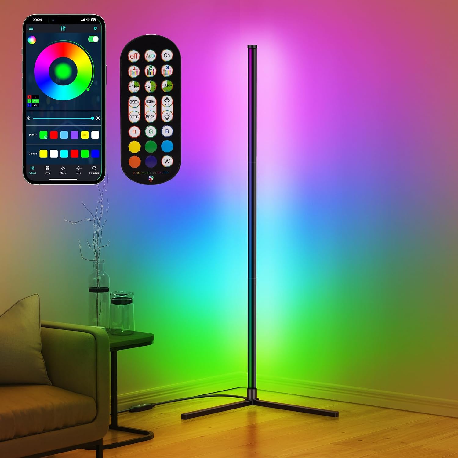 RIYO LED Corner Floor Lamp RGB Color Changing Standing Lamp App Remote Sync