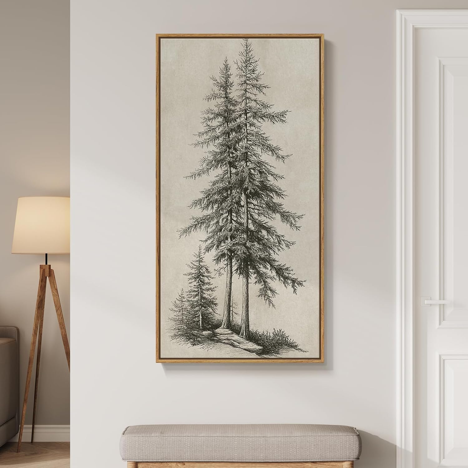 Framed Vertical Vintage Tree Sketch Wall Art for Living Room, 20×40 Inch