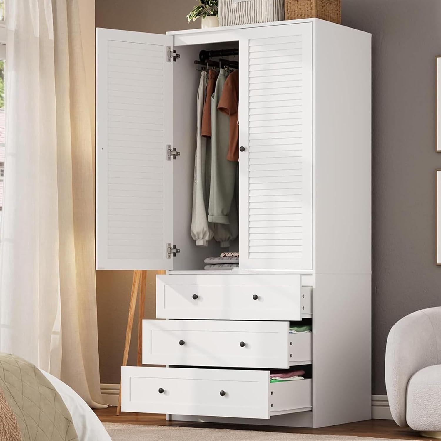 GarveeHome 70″ Wardrobe Armoire Wooden Closet with 3 Drawers, White