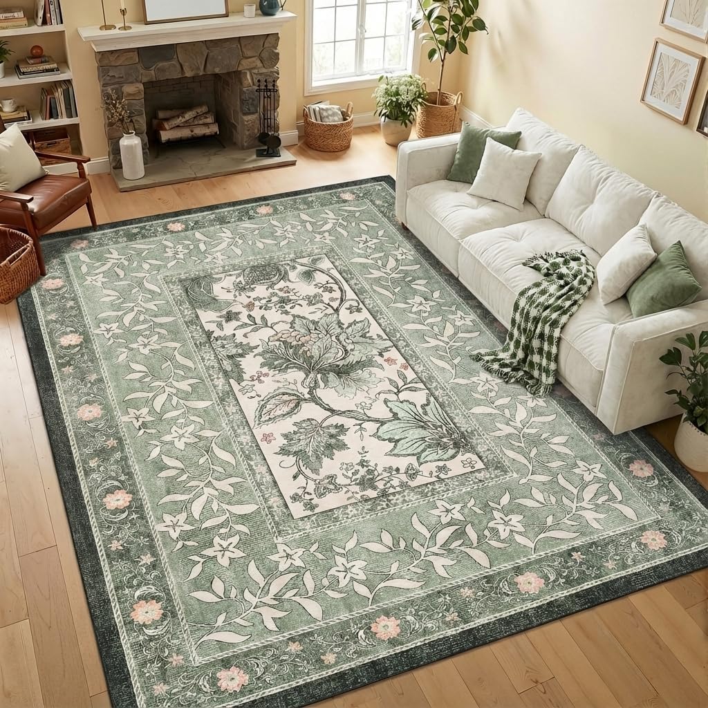 GarveeHome Provence 5×7 Area Rugs, Botanical Grove Sage Green Vintage Cottagecore Non-Slip Washable Rug for Living Room Bedroom Nursery Kitchen Low-Pile Retro Carpet